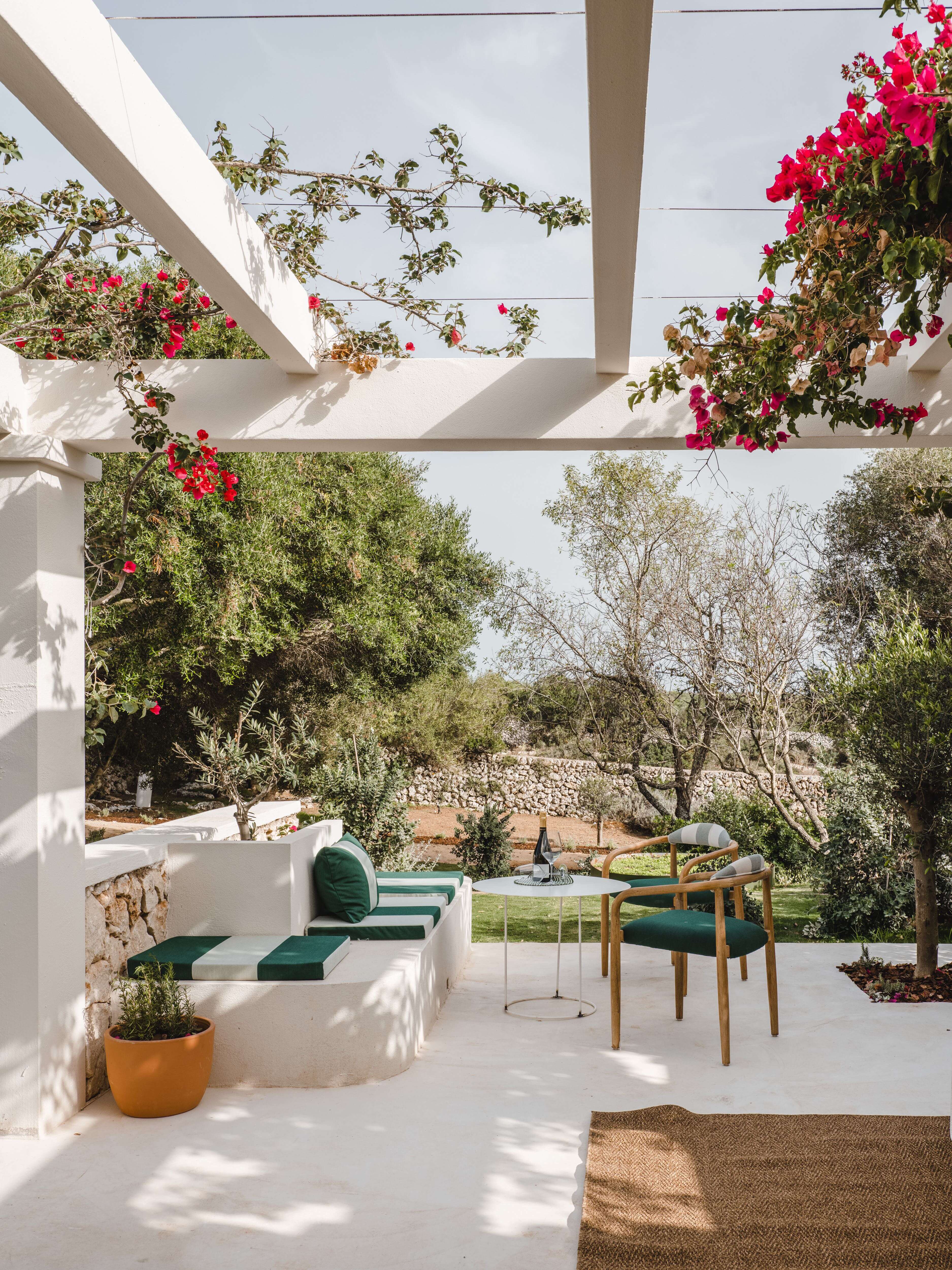 Morvedra Nou, Balearic Islands — White pergola terrace with bougainvillea, mid-century modern seating, olive trees, and rural landscape views.