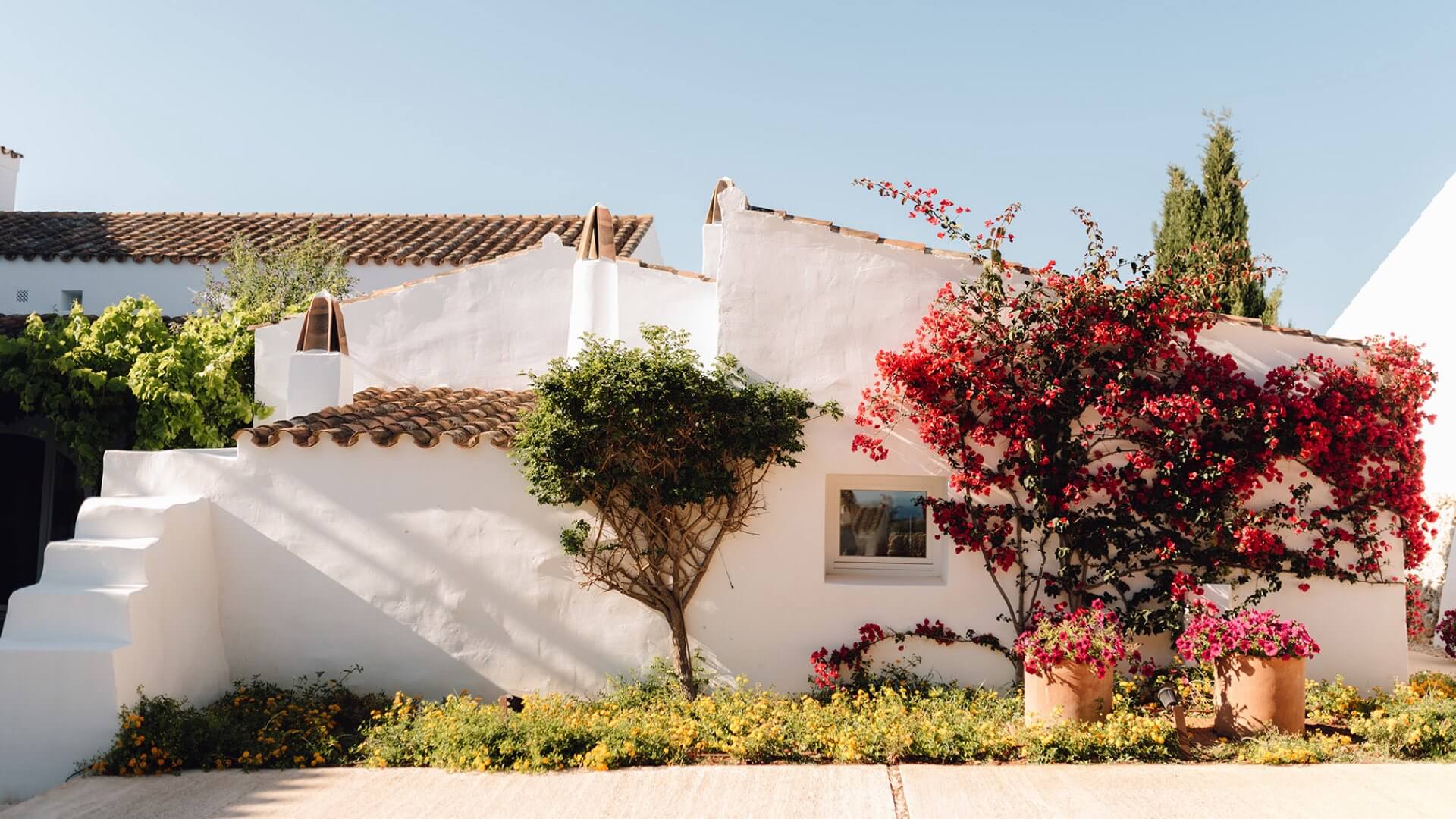 Torralbenc, Balearic Islands — Whitewashed Mediterranean villa with bougainvillea-draped facade, terracotta roof, and manicured gardens in bright sunlight.