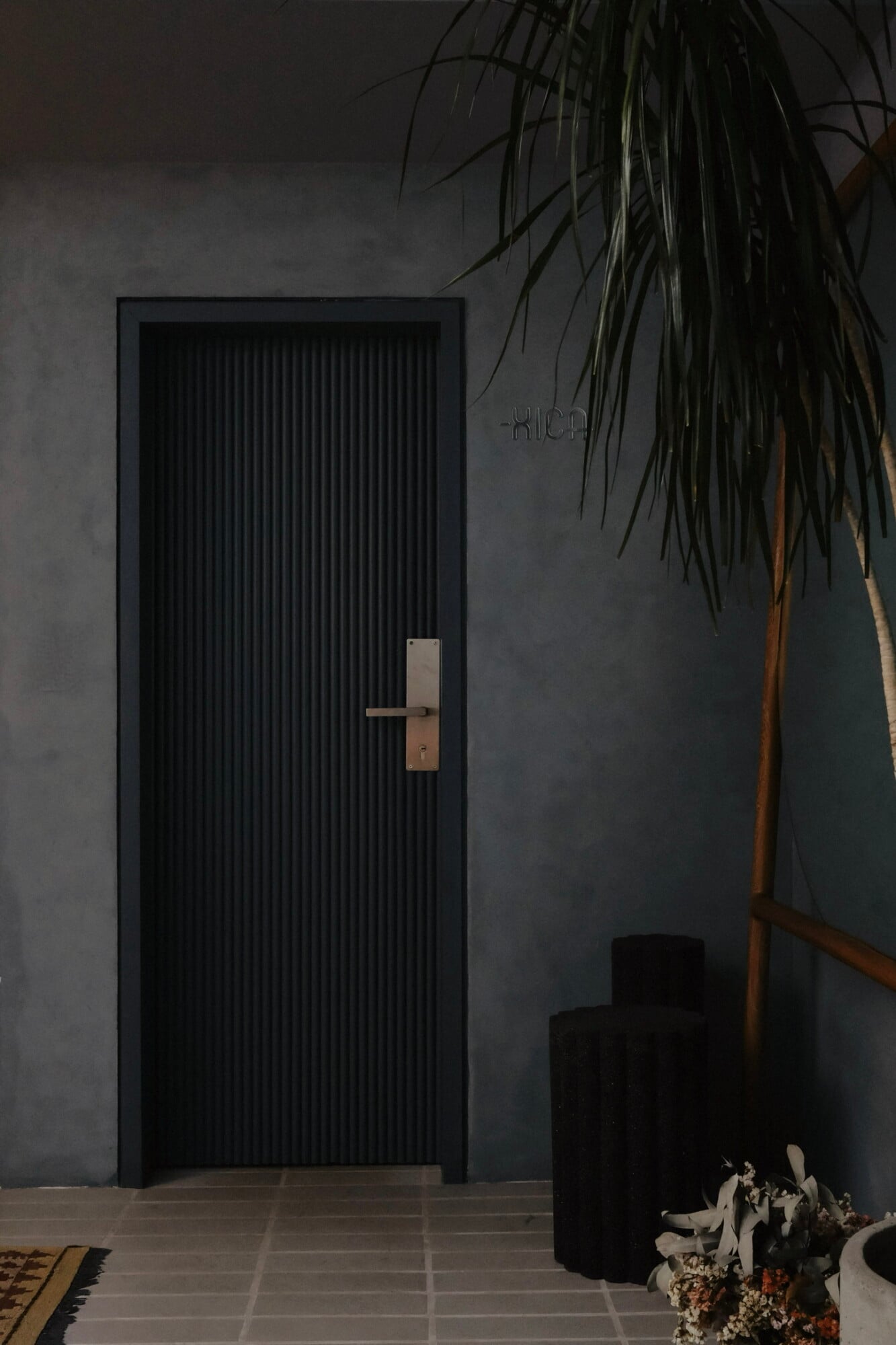 UMA Casa, Mexico — Minimalist black vertical-ribbed door with brushed metal handle against charcoal concrete wall, dried palm fronds and black ceramic vessels, polished stone flooring.