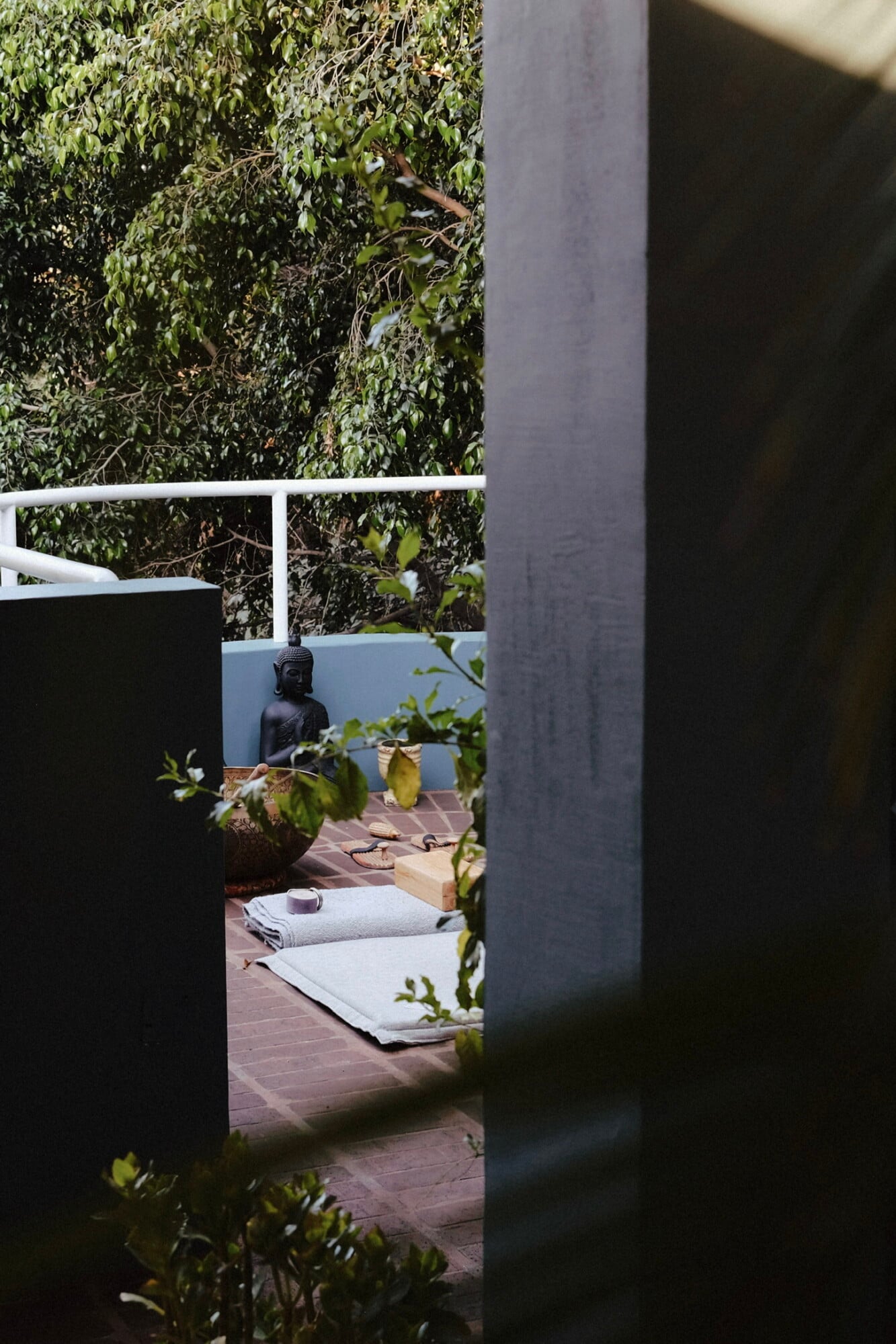 UMA Casa, Mexico — Zen courtyard with ivy-draped walls, Buddha sculpture, woven yoga mats, and minimalist concrete architecture framing serene wellness space.