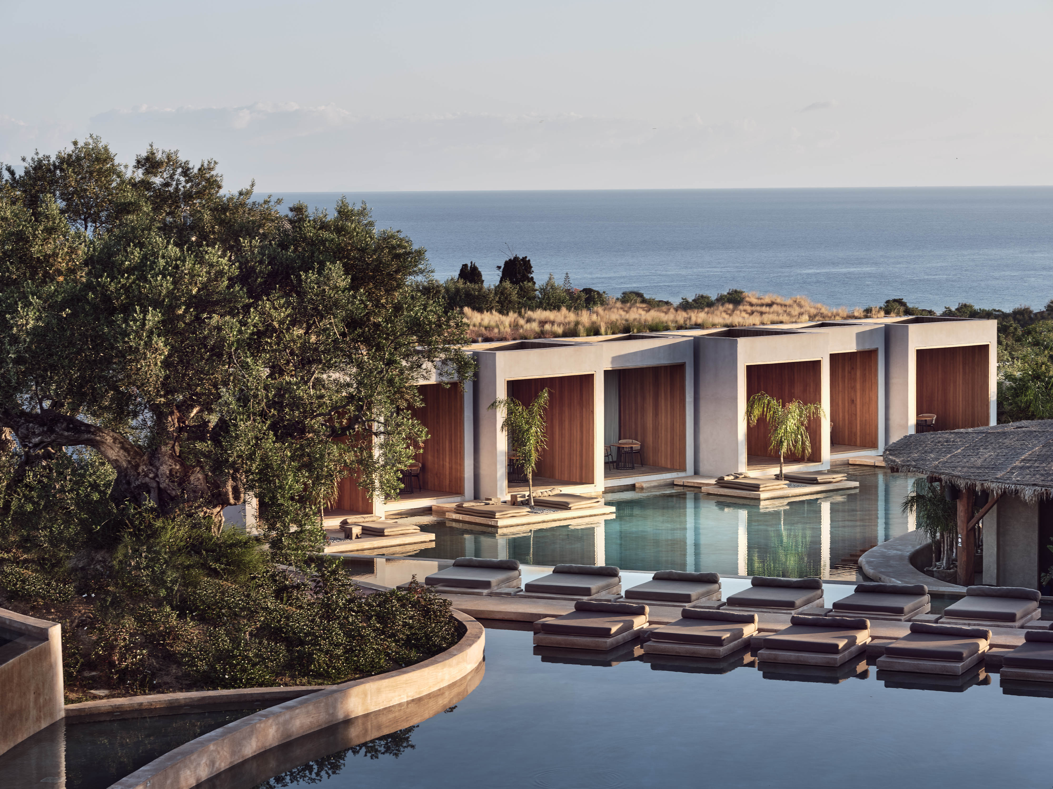 Olea All Suite Hotel, Europe — minimalist white pavilions with timber screens beside reflecting pool and olive trees, sea view beyond.