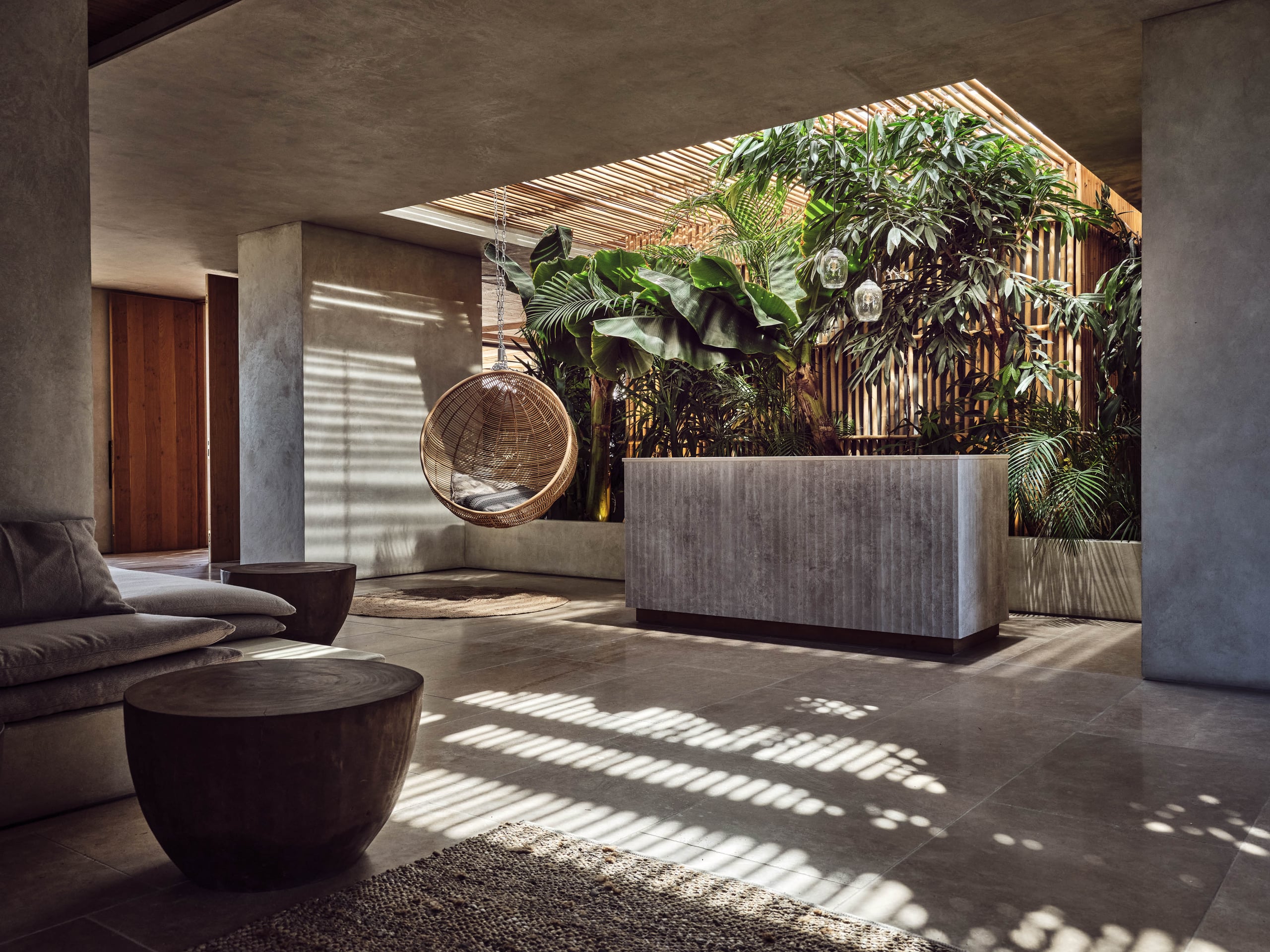 Olea All Suite Hotel, Europe — Minimalist lobby with concrete walls, lush green plants, woven pendant chair, and geometric wooden ceiling detail casting striped shadows.