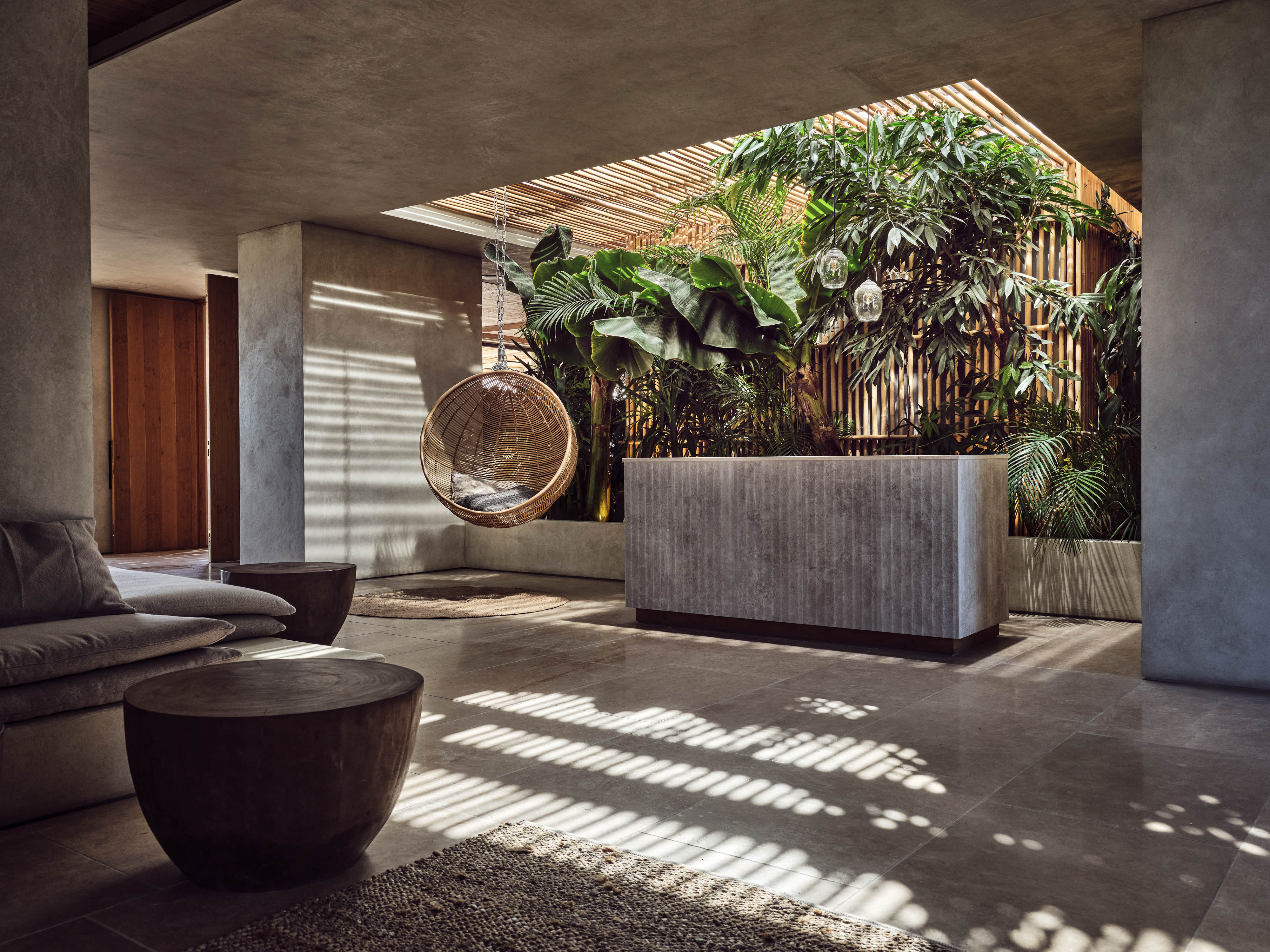 Olea All Suite Hotel, Europe — Minimalist lobby with concrete walls, lush green plants, woven pendant chair, and geometric wooden ceiling detail casting striped shadows.