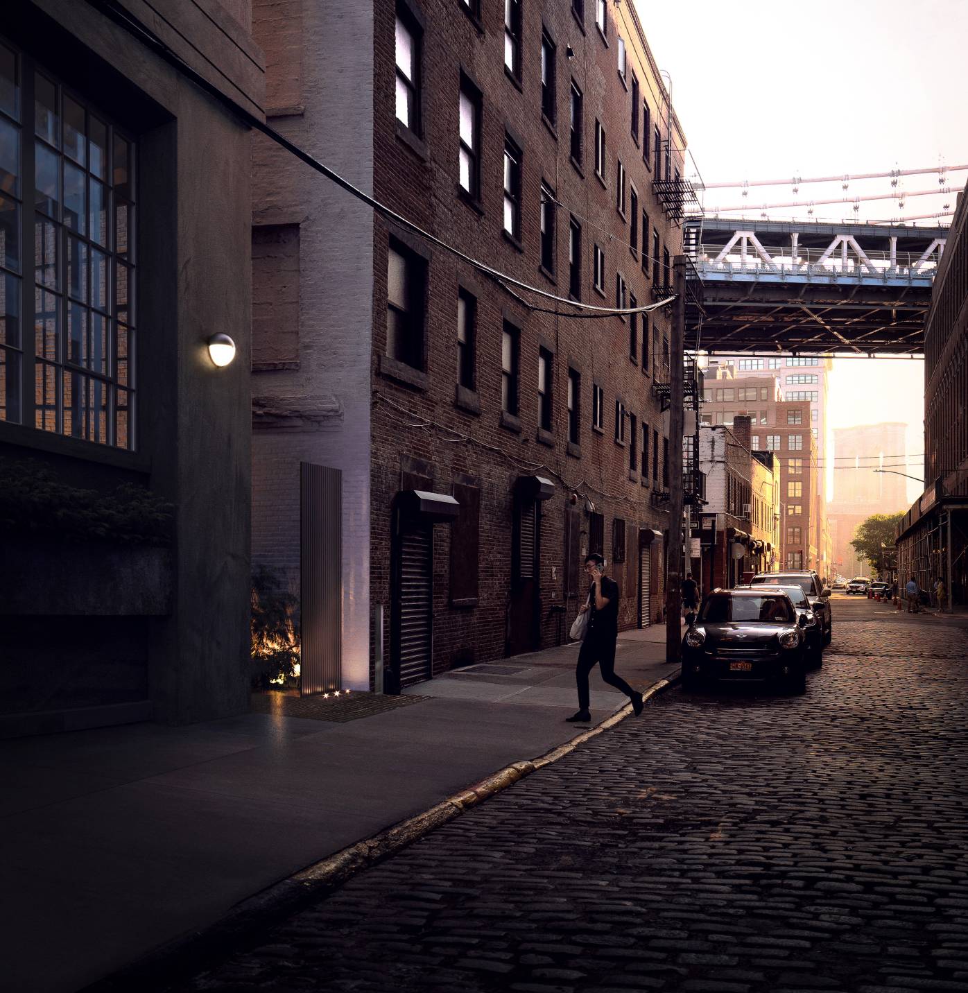 168 Plymouth, North America — Brick alleyway at dusk with industrial architecture, cobblestone street, and steel bridge overhead, warm golden light on buildings.