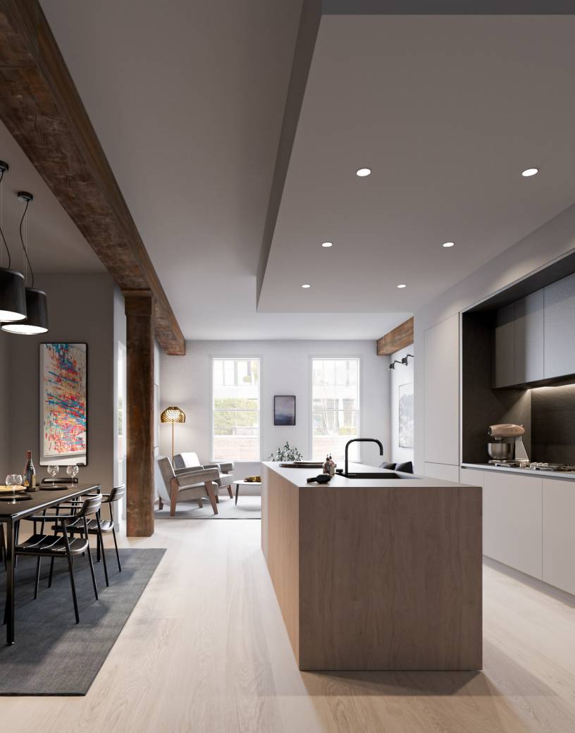 168 Plymouth, North America — Modern open-plan kitchen with walnut island, white cabinetry, exposed beam, recessed lighting, and view to living spaces.