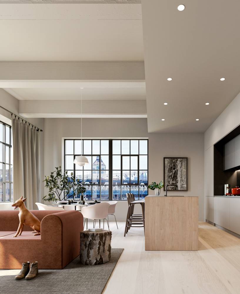 168 Plymouth, North America — Modern luxury loft with terracotta curved sofa, sculptural wood island, floor-to-ceiling gridded windows, minimalist ceiling details, and cityscape views.