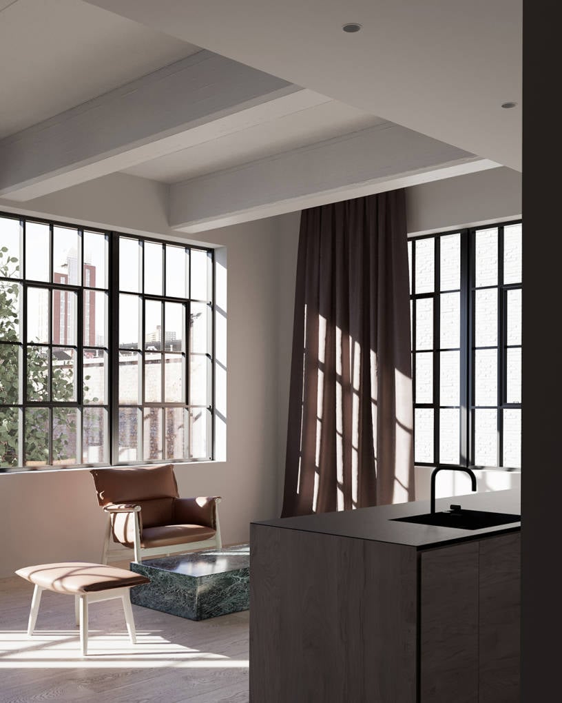 168 Plymouth, North America — Minimalist studio with coffered ceiling, floor-to-glass windows, brown leather chair, dark kitchen island, natural light casting grid shadows across polished concrete floor.