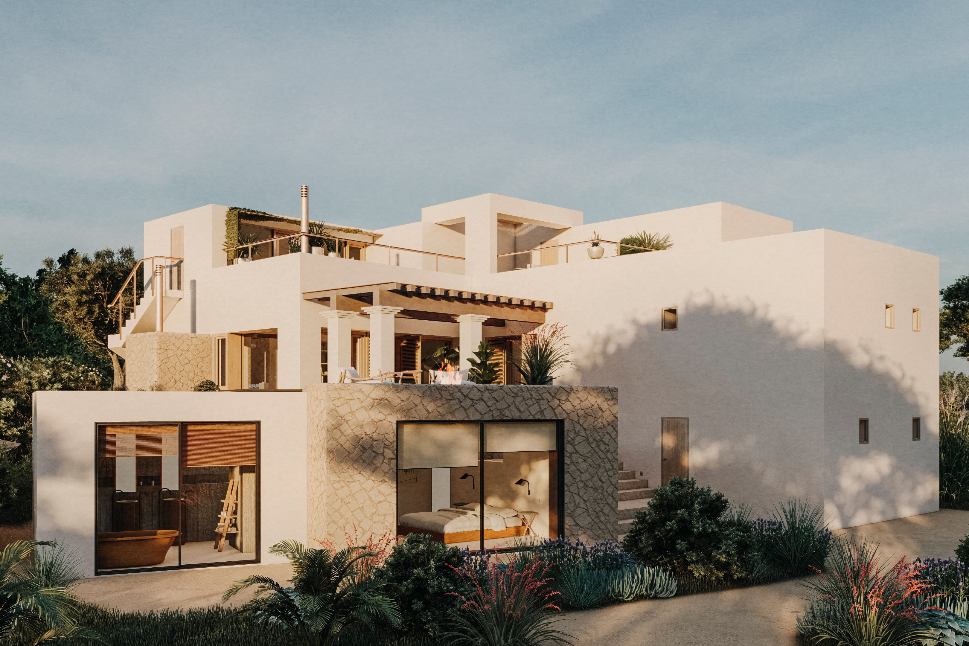 Casa Buscastell, Balearic Islands, Spain — Modernist white villa with geometric terraces, natural stone accents, and palm landscaping under soft Mediterranean light.