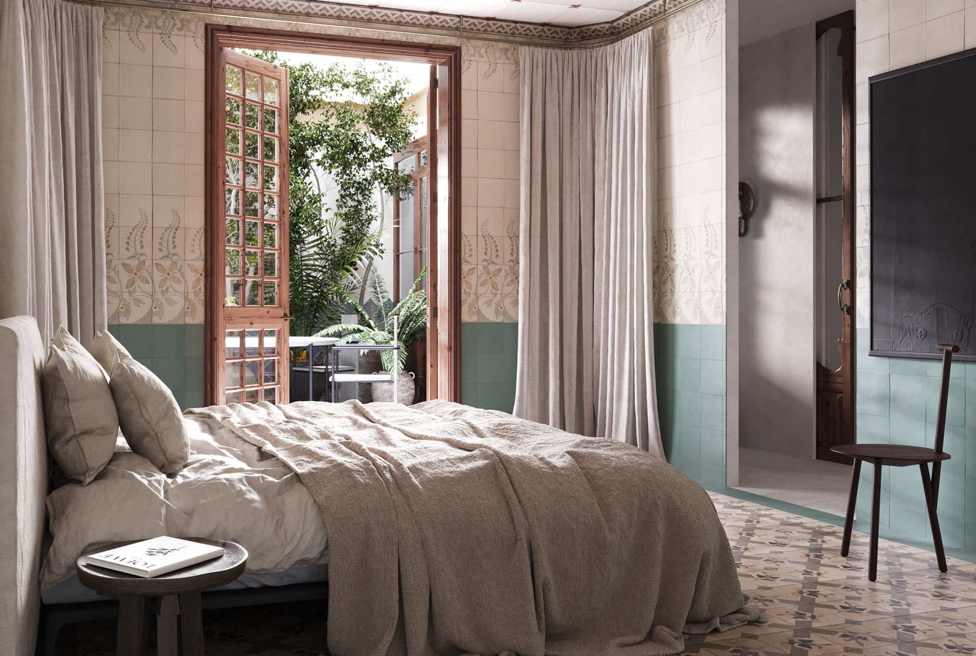 Bosseria, Balearic Islands — Sunlit bedroom with earth-tone linens, sage-green wainscoting, patterned wallpaper, and French doors opening to Mediterranean courtyard garden.