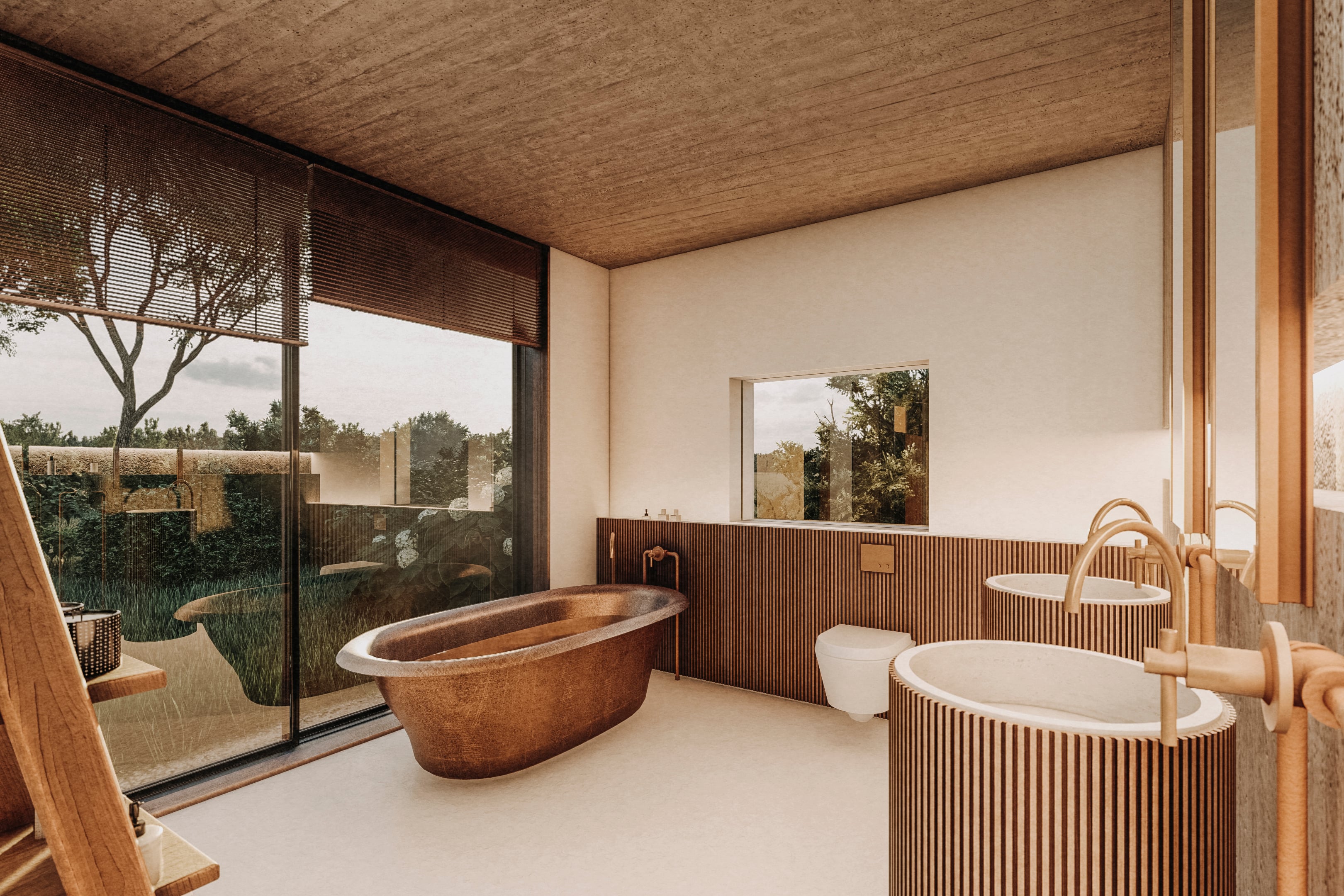 Casa Buscastell, Balearic Islands, Spain — Minimalist bathroom with copper soaking tub, wooden ceiling, fluted wood paneling, and panoramic windows overlooking rural landscape.