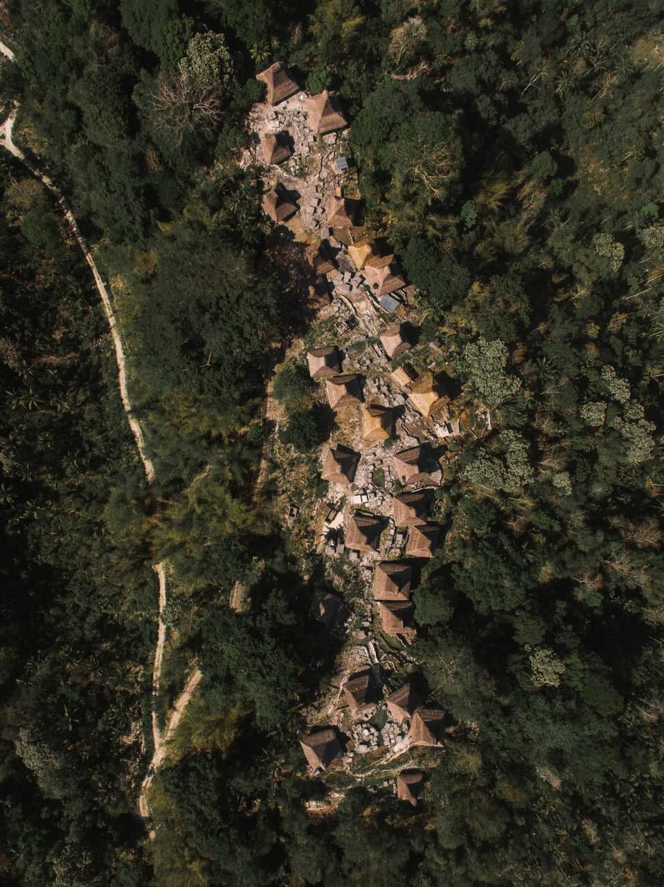 Cap Karoso, Asia — Aerial view of terracotta-roofed villas nestled among dense forest canopy, architectural forms carved into verdant landscape.