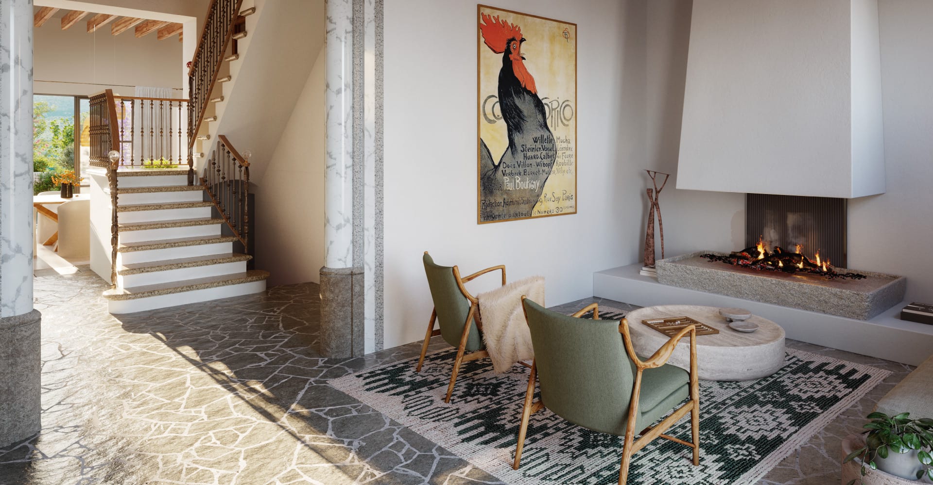 Casa Marés, Balearic Islands, Spain — Modern living room with limestone flooring, mid-century armchairs, linear fireplace, and vintage French poster.