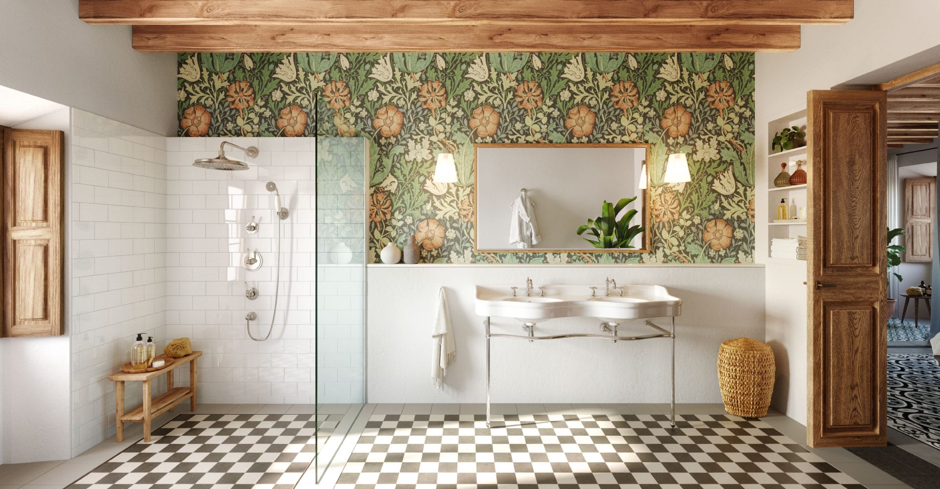 Casa Mares, Balearic Islands — Spa bathroom with dual vanity, patterned wallpaper, checkered floor, wooden beams, and glass-enclosed shower.