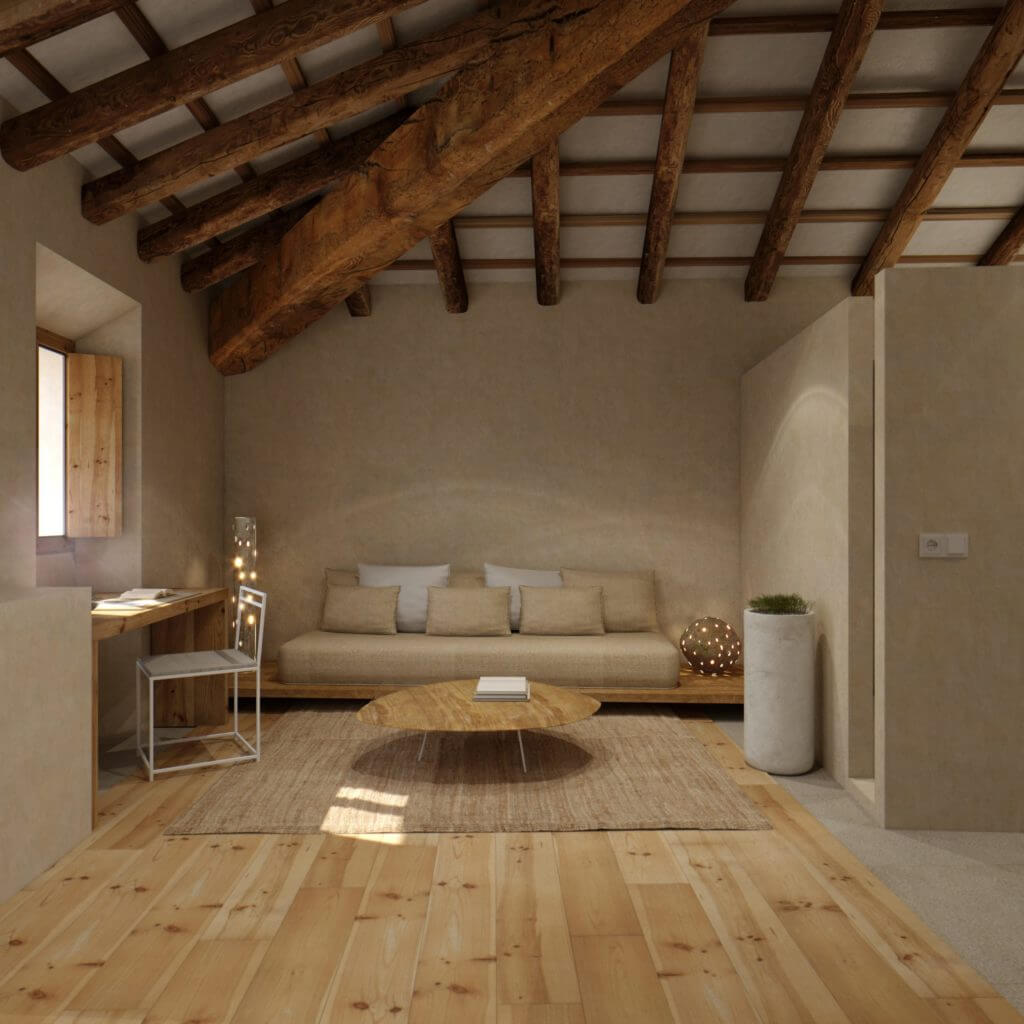 Es Racó d'Artà, Balearic Islands — Minimalist living room with exposed wooden ceiling beams, neutral plaster walls, linen sofa, and pine flooring bathed in natural light.