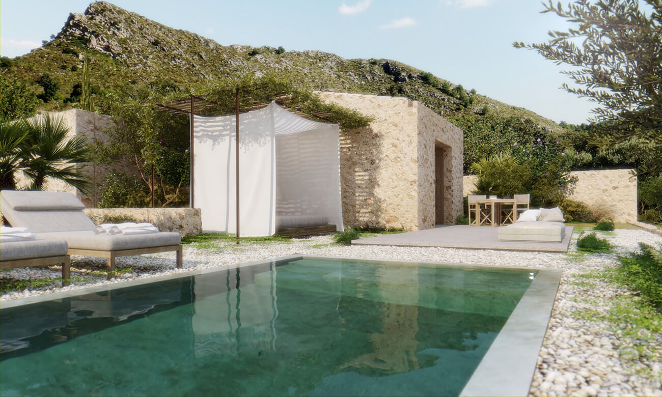 Es Racó d'Artà, Balearic Islands — Modernist stone pavilion with white canvas shade structure beside jade-green pool, surrounded by Mediterranean hillside vegetation and minimalist furnishings.