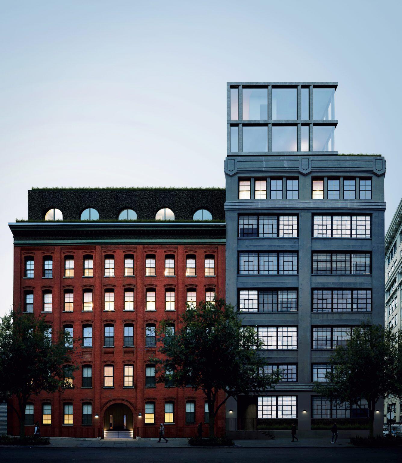 168 Plymouth, North America — Red brick historic building with green roof adjacent to slate-blue modern tower, architectural contrast in urban streetscape.
