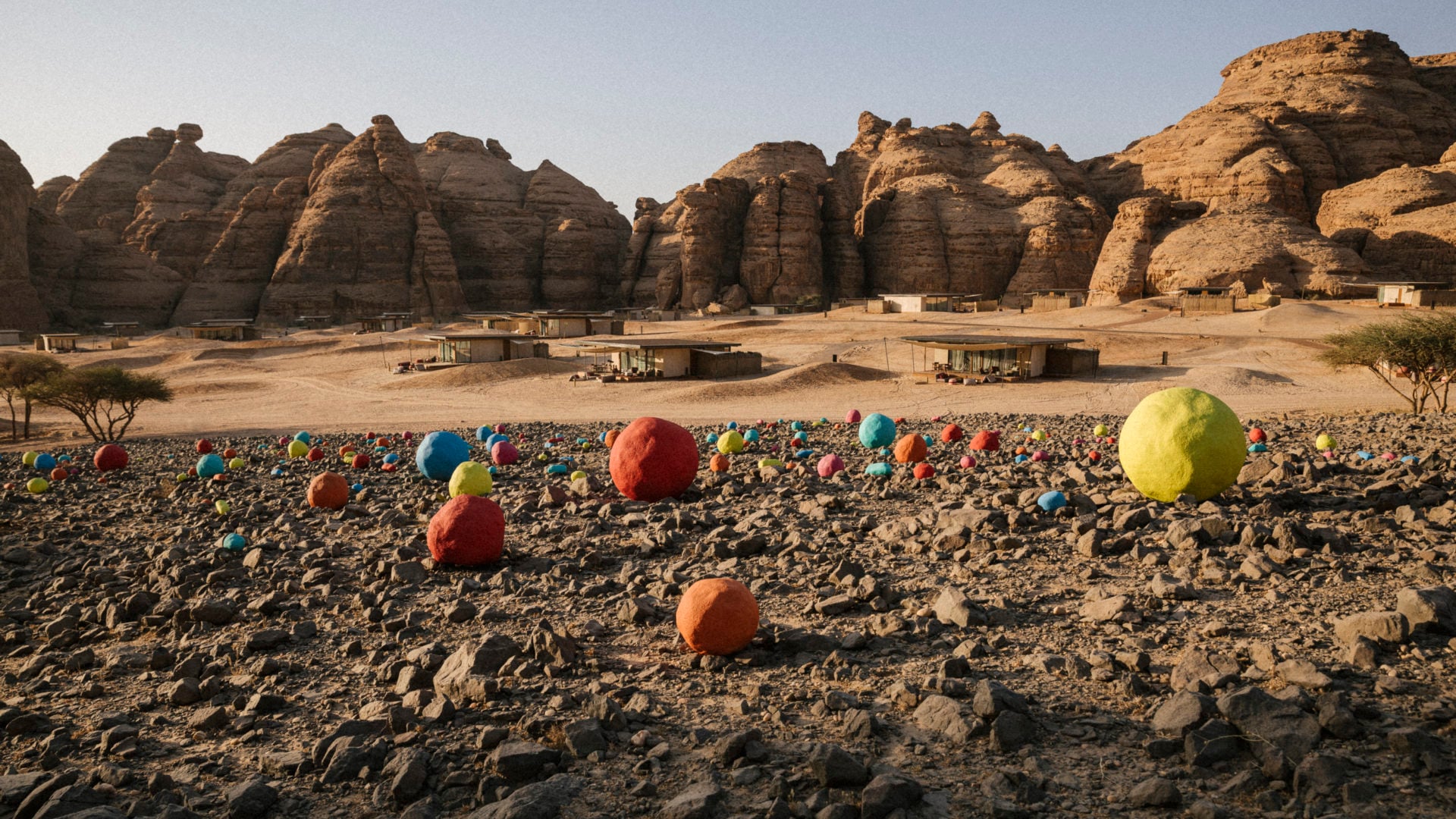 Adventure Trail — Colorful spheres scattered across desert landscape with distinctive sandstone rock formations and minimal structures, Adventure Trail aesthetic in arid region.