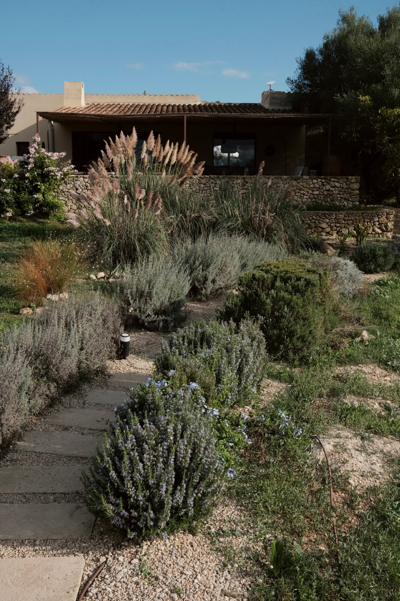 Vista Verde, Balearic Islands — Mediterranean garden with limestone pathways, ornamental grasses, lavender plantings, and modernist stone villa with corrugated roof.