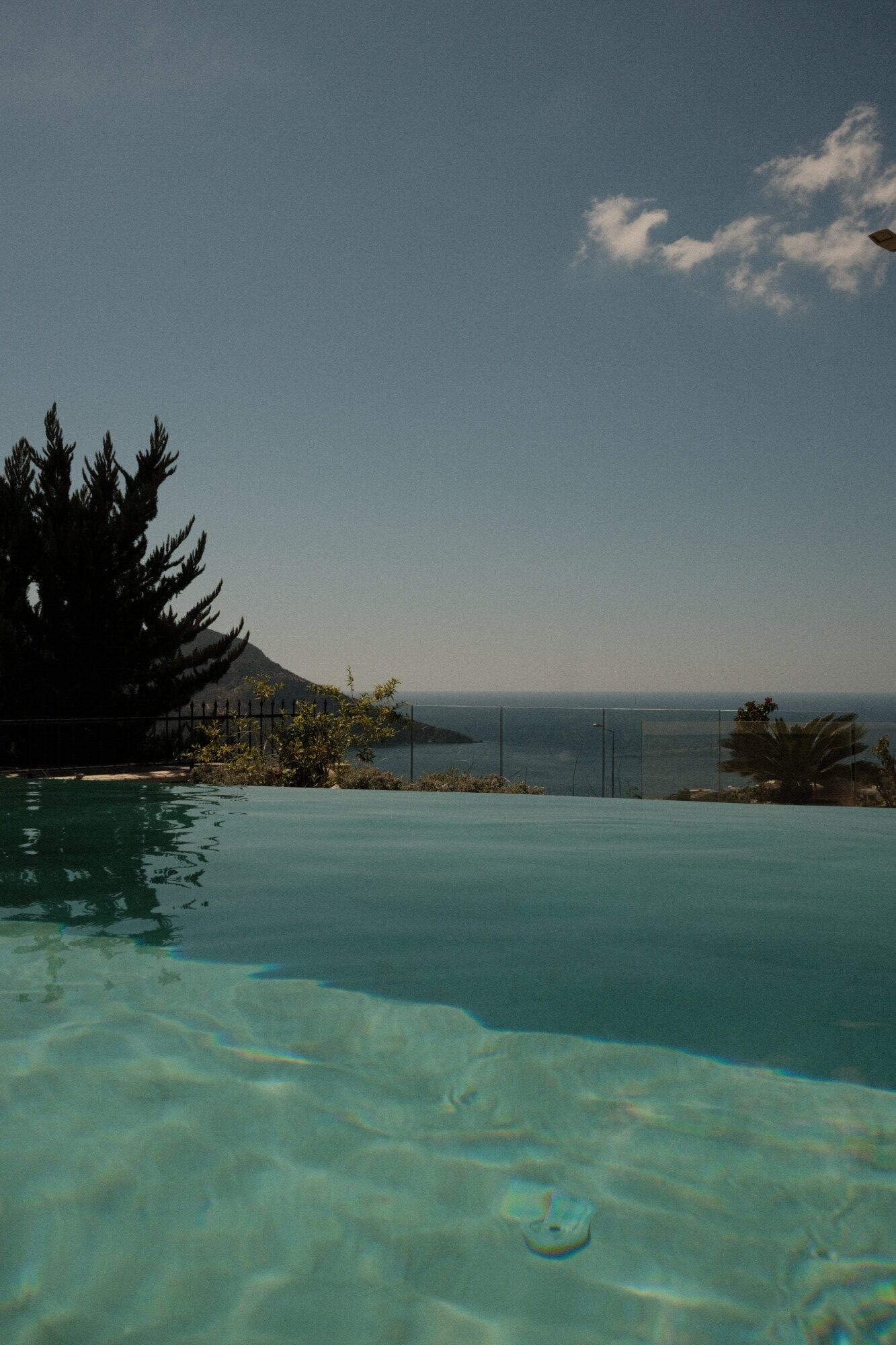 Villa Thalia by Muses Kalkan, Asia — infinity pool overlooking Mediterranean sea with pine trees, glass railing, and coastal landscape under clear sky.