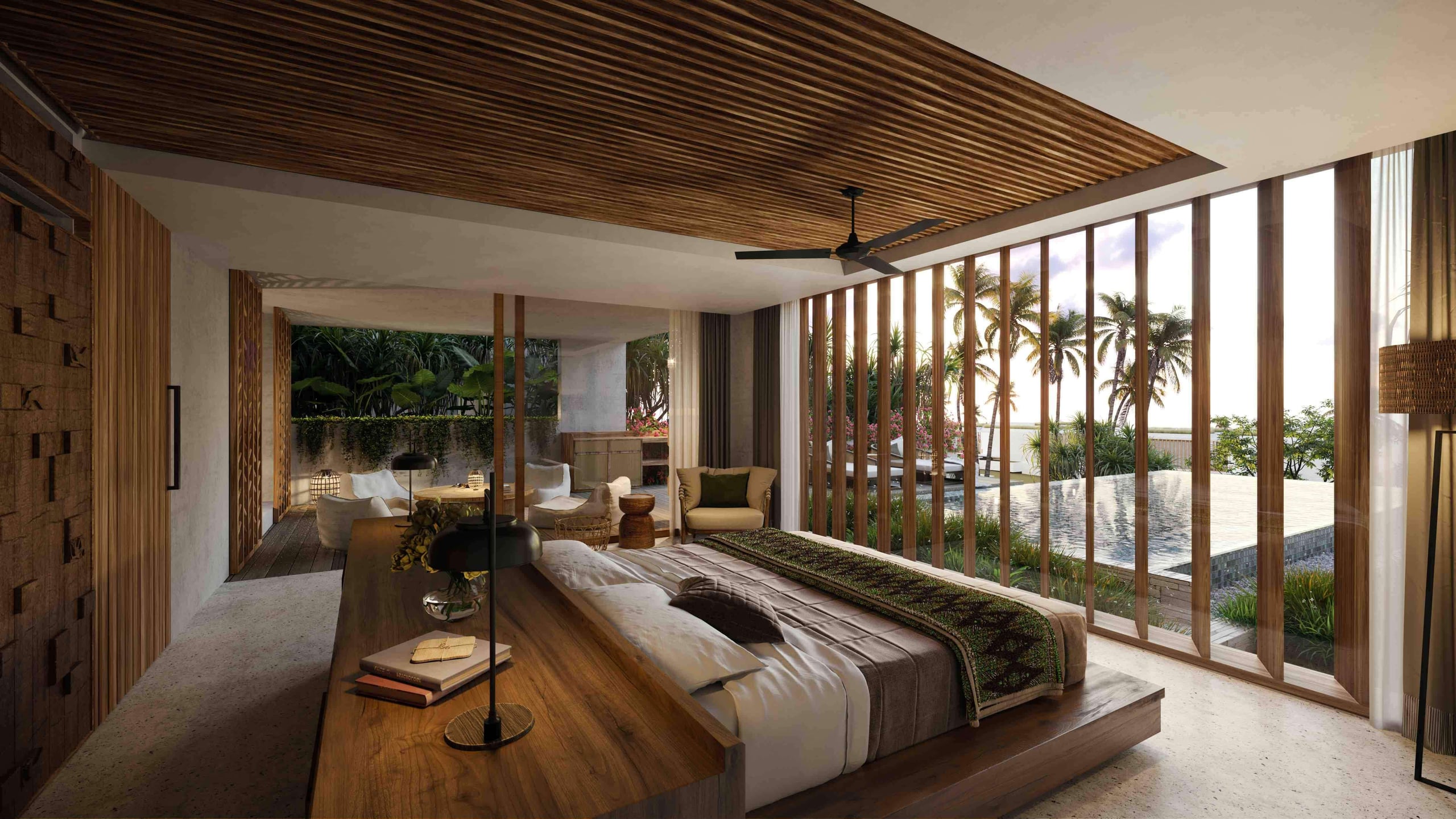 Cap Karoso, Asia — Waterfront bedroom with teak wood ceiling, floor-to-ceiling glazing, palm views, and minimalist tropical luxury design.