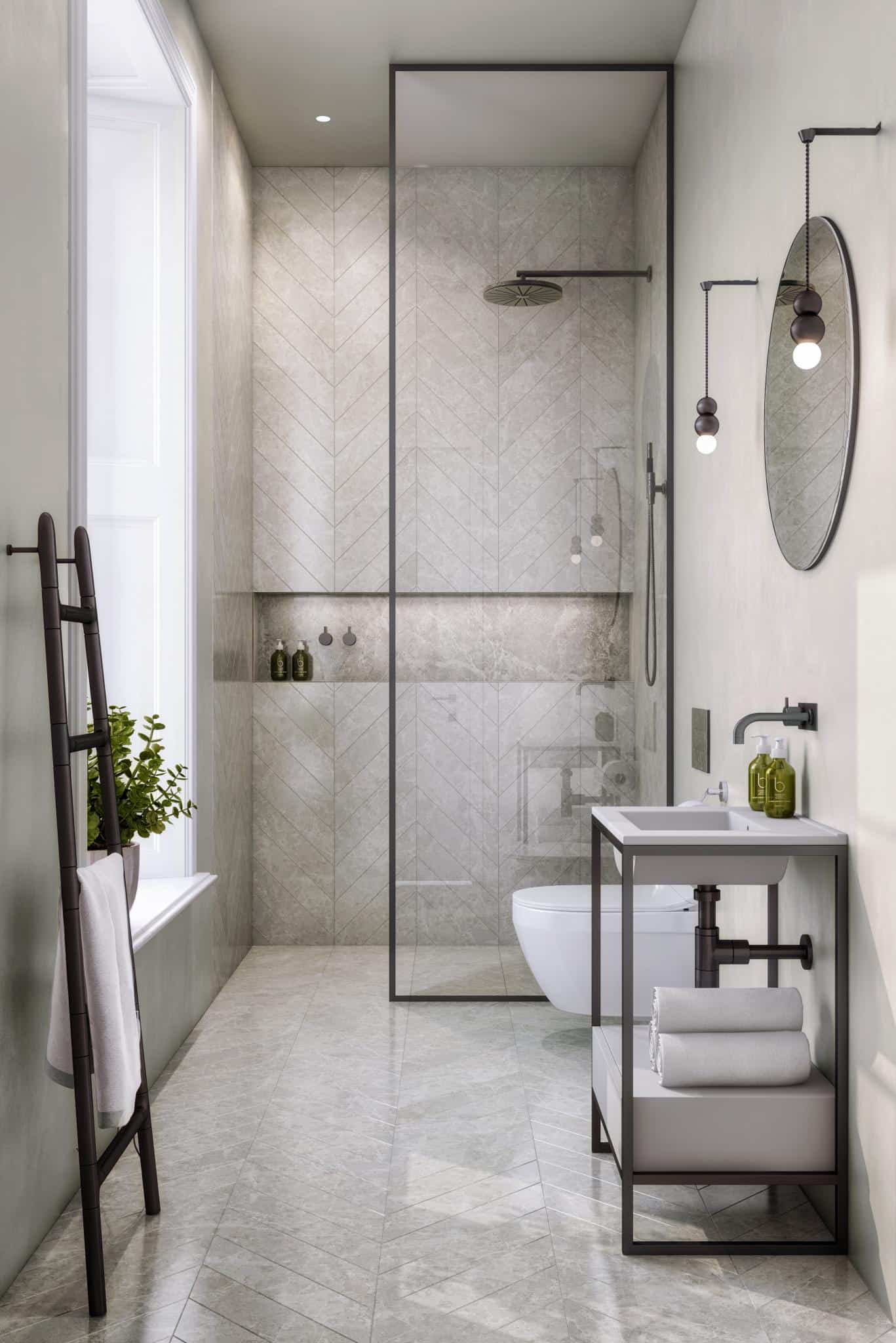 Renaissance Penthouse, Balearic Islands — Contemporary bathroom with marble herringbone shower surround, black-framed glass enclosure, minimalist vanity, and pendant lighting.