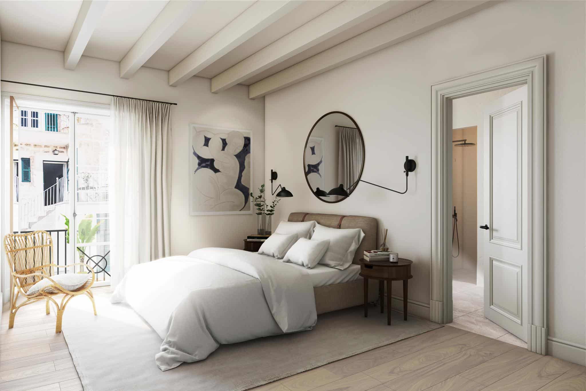 Renaissance Penthouse, Balearic Islands, Spain — Minimalist bedroom with exposed beam ceiling, oval mirror, artwork, natural light from balcony, modern coastal luxury design.