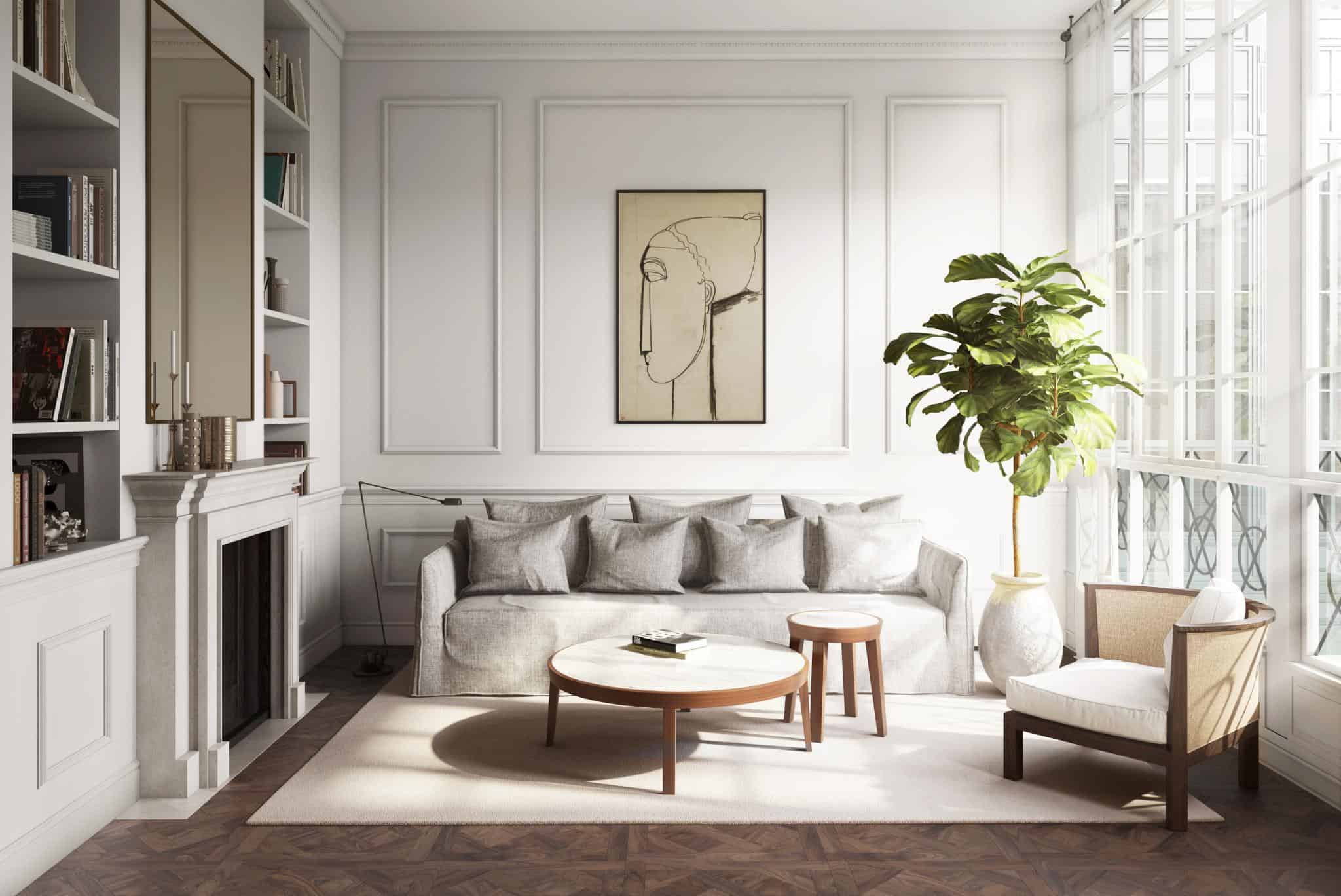 Renaissance Penthouse, Balearic Islands — Minimalist living room with linen sofa, mid-century wooden tables, line art, built-in shelving, potted plant, and natural light from large windows.