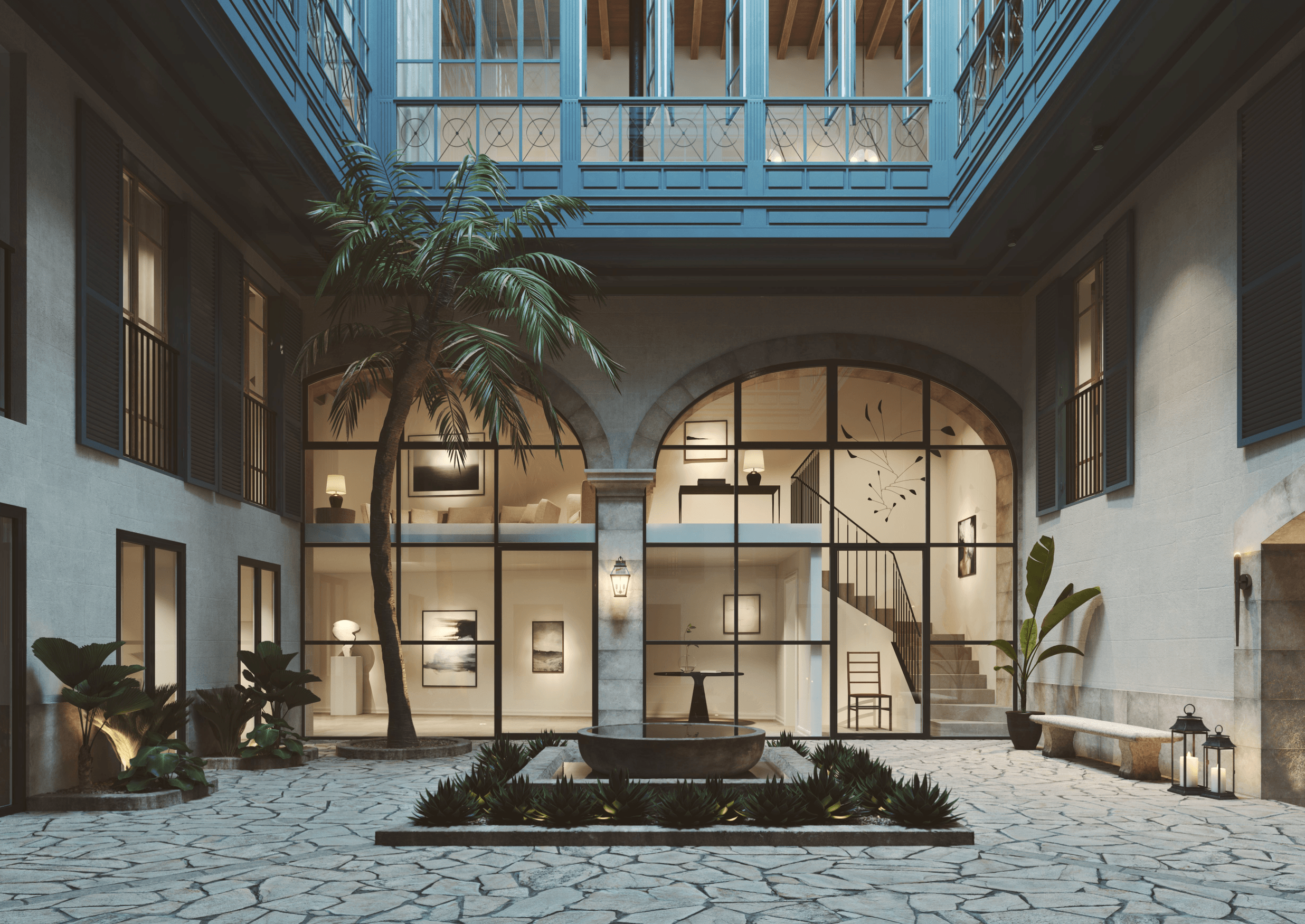 Renaissance Penthouse, Balearic Islands, Spain — Courtyard with skylit glass ceiling, arched windows, palm trees, and minimalist interior spaces lit by warm ambient light.