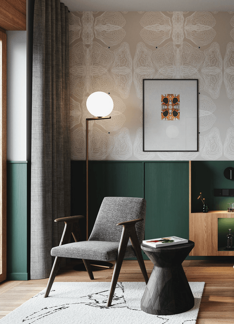 The Cōmodo — Cōmodo, Europe — Mid-century lounge chair with wooden armrests beside black pedestal table, globe floor lamp, geometric wallpaper, forest-green paneling, warm wood flooring.