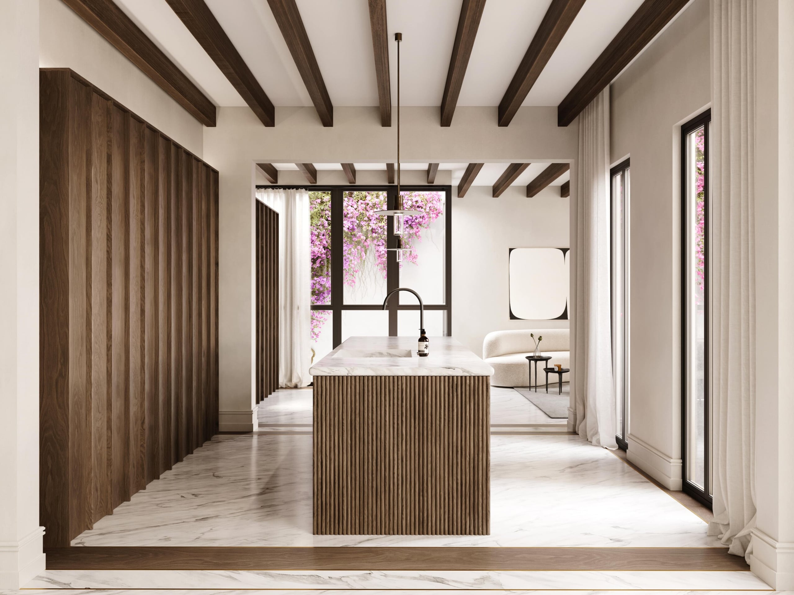 Bosseria, Balearic Islands — Spa bathroom with exposed wood beams, marble floors, vertical wood-slat island sink, black-framed windows overlooking flowering bougainvillea garden.
