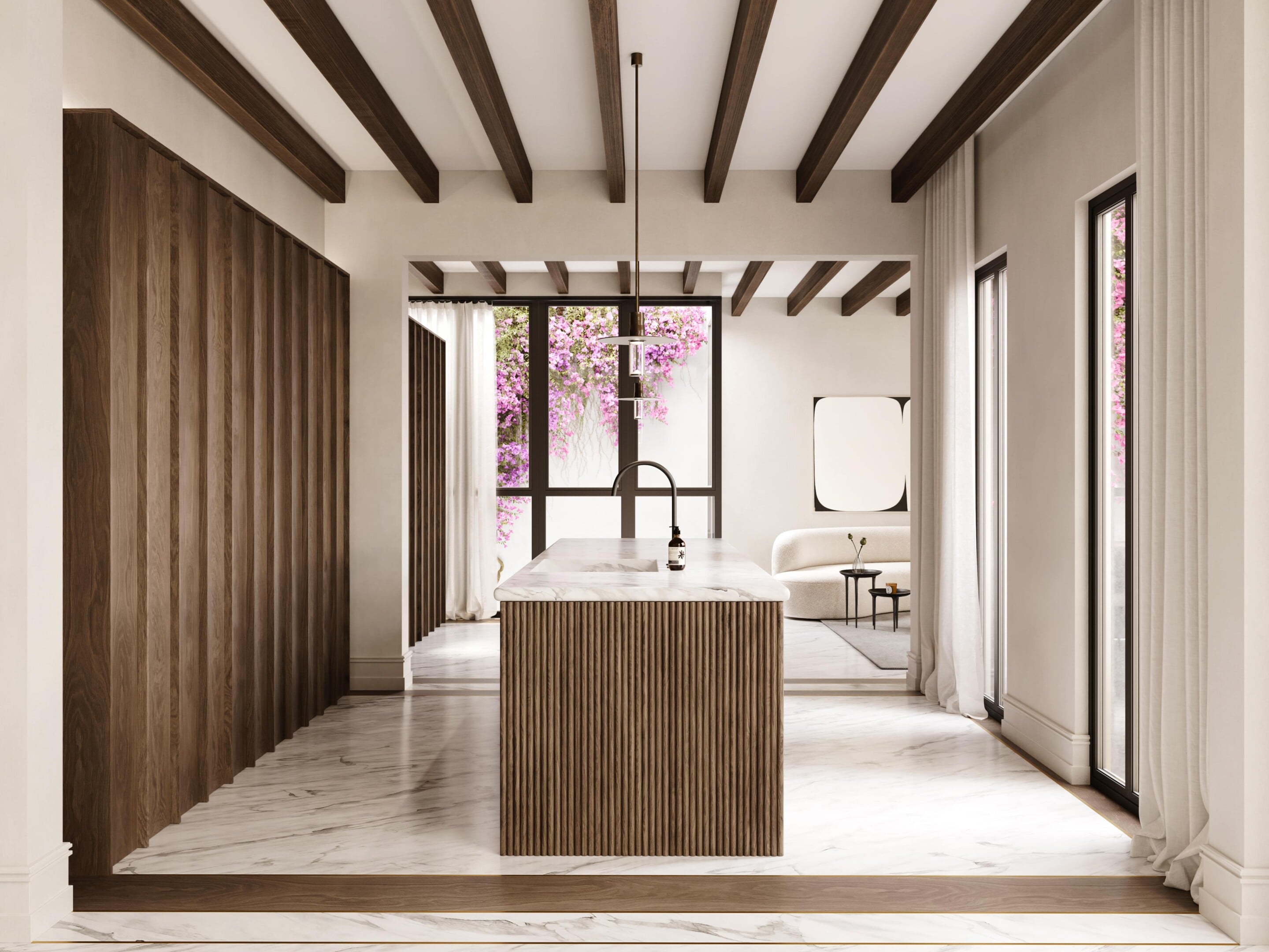 Bosseria, Balearic Islands — Spa bathroom with exposed wood beams, marble floors, vertical wood-slat island sink, black-framed windows overlooking flowering bougainvillea garden.