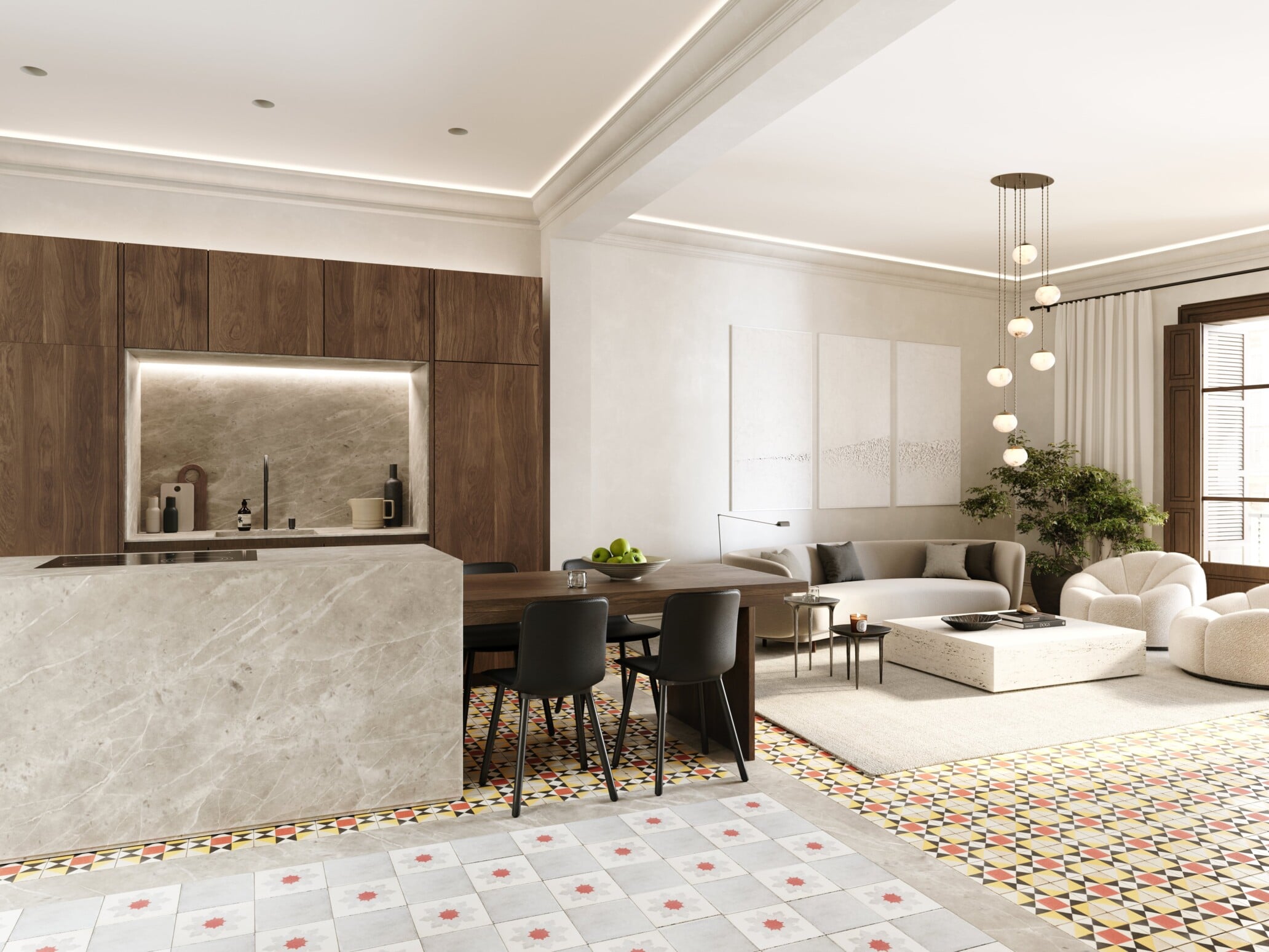 Bosseria, Balearic Islands — Luxury open-plan living with marble kitchen island, walnut cabinetry, geometric tile flooring, pendant lighting, and contemporary furnishings.