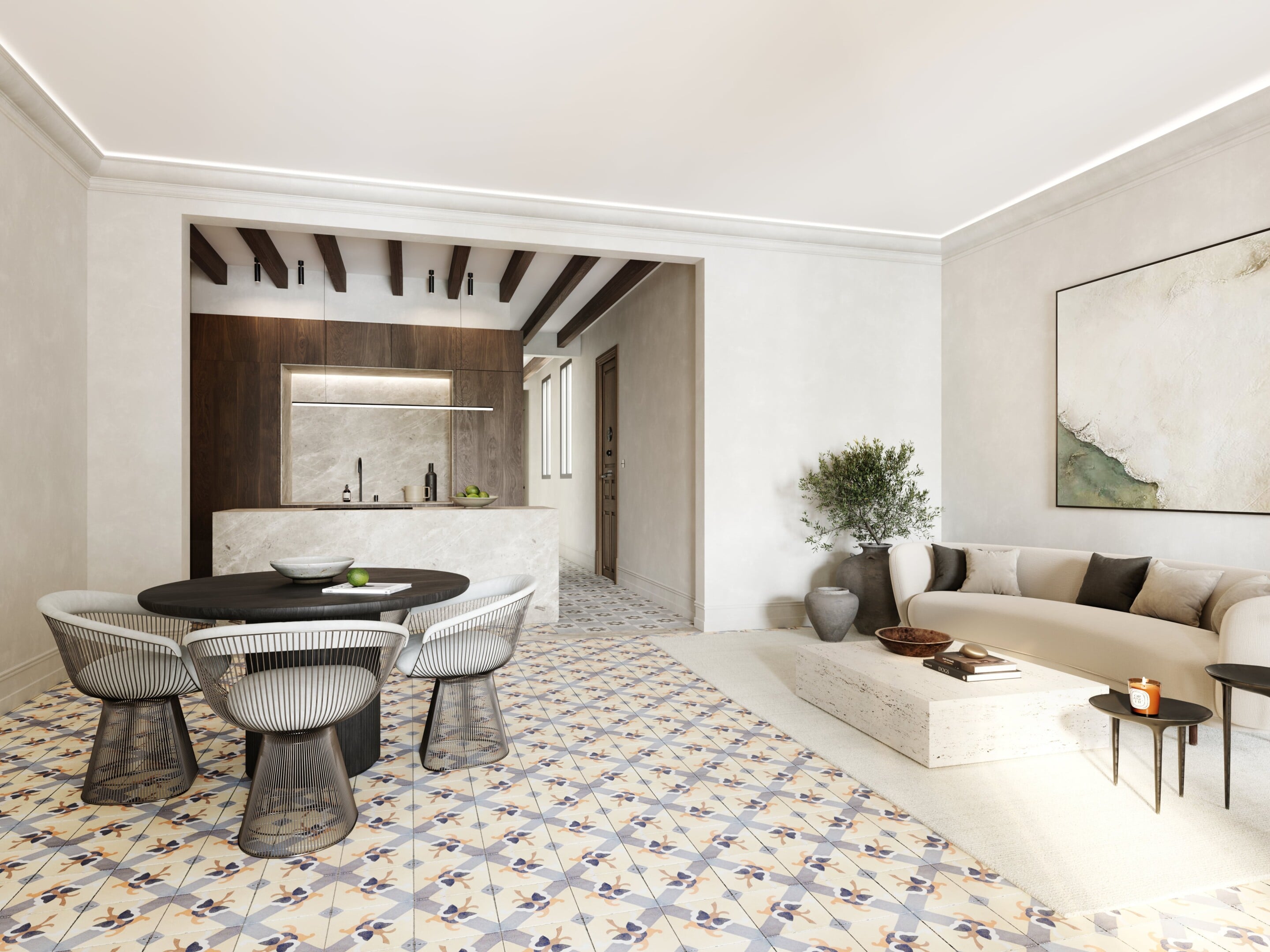 Bosseria, Balearic Islands, Spain — Modern open-plan living space with patterned tile flooring, marble kitchen island, dark wood beams, and minimalist furniture in neutral tones.