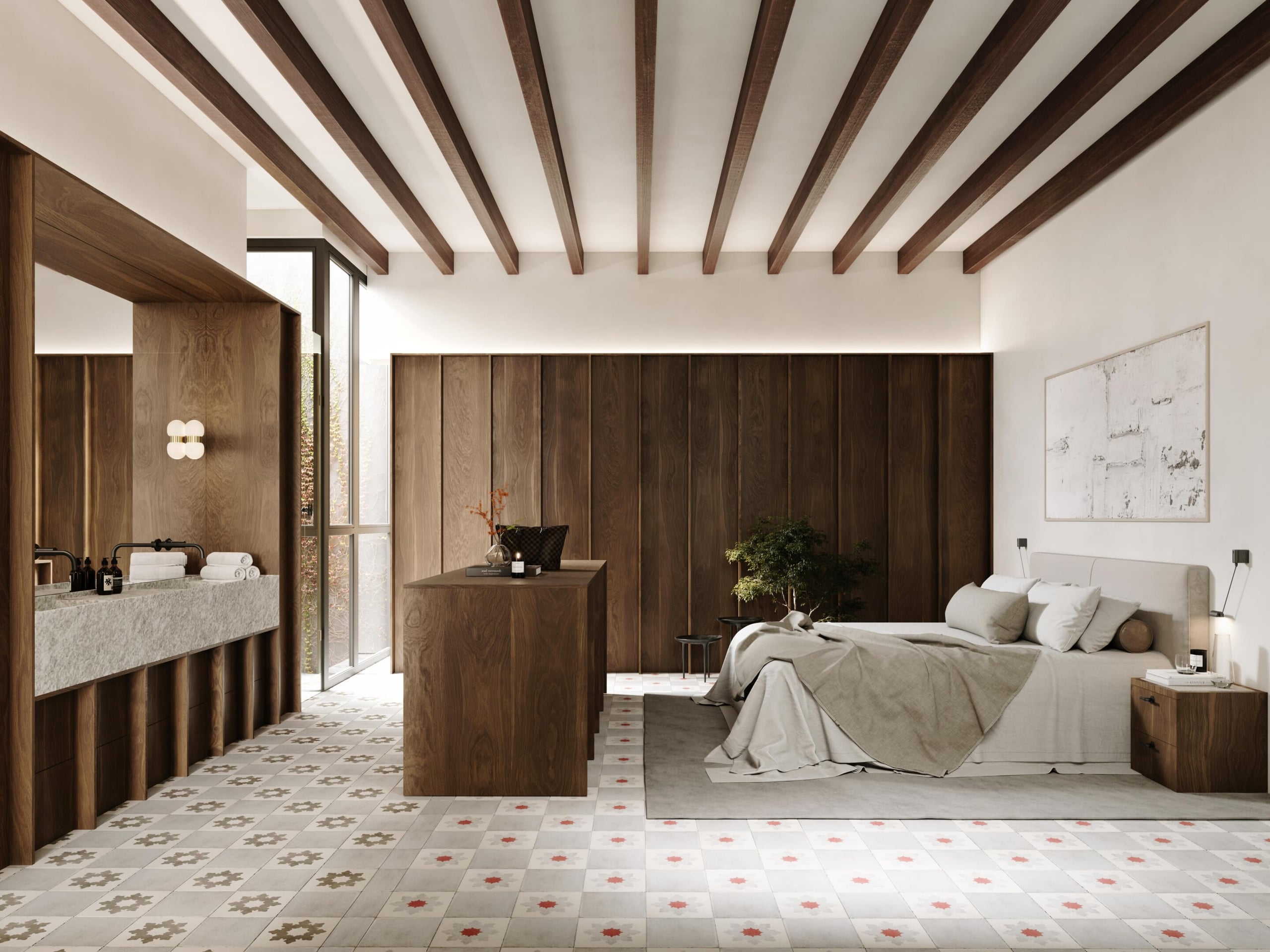Bosseria, Balearic Islands, Spain — Bedroom with exposed wood beams, walnut paneling, marble vanity, geometric floor tiles, and minimalist luxury design.
