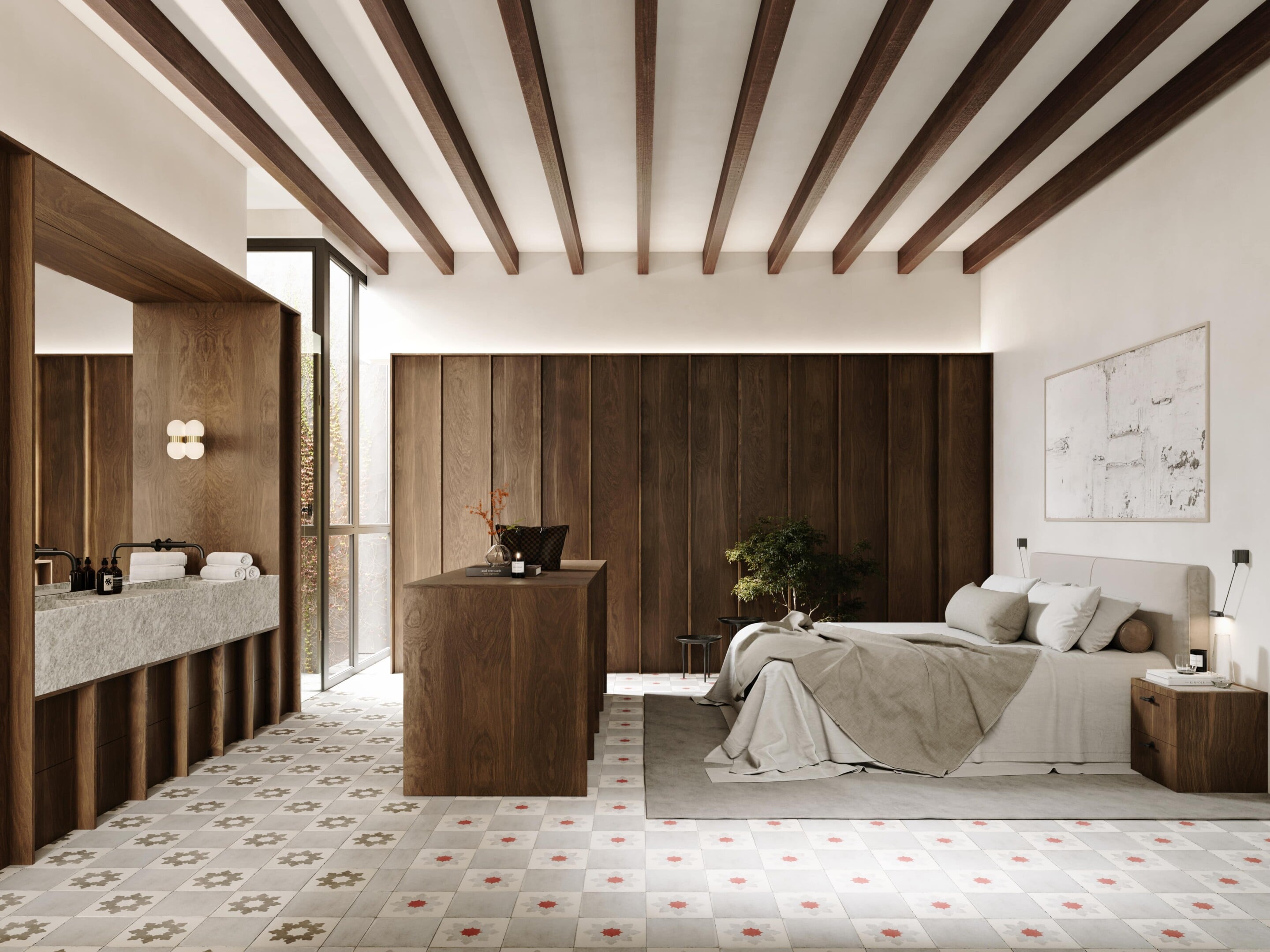 Bosseria, Balearic Islands, Spain — Bedroom with exposed wood beams, walnut paneling, marble vanity, geometric floor tiles, and minimalist luxury design.