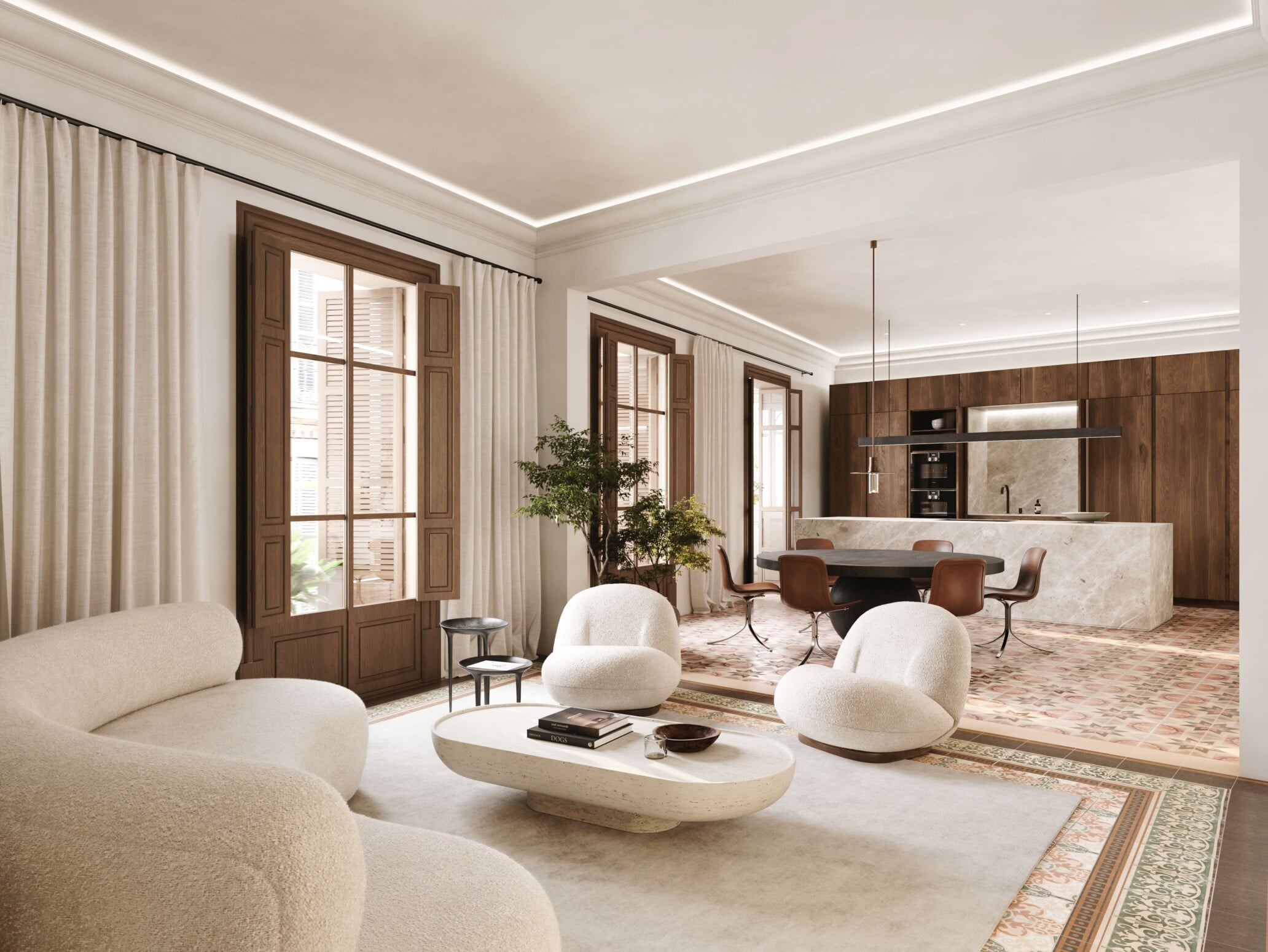 Bosseria, Balearic Islands, Spain — Minimalist living room with curved cream furniture, stone coffee table, wood-framed doors, and open-plan kitchen with walnut cabinetry.