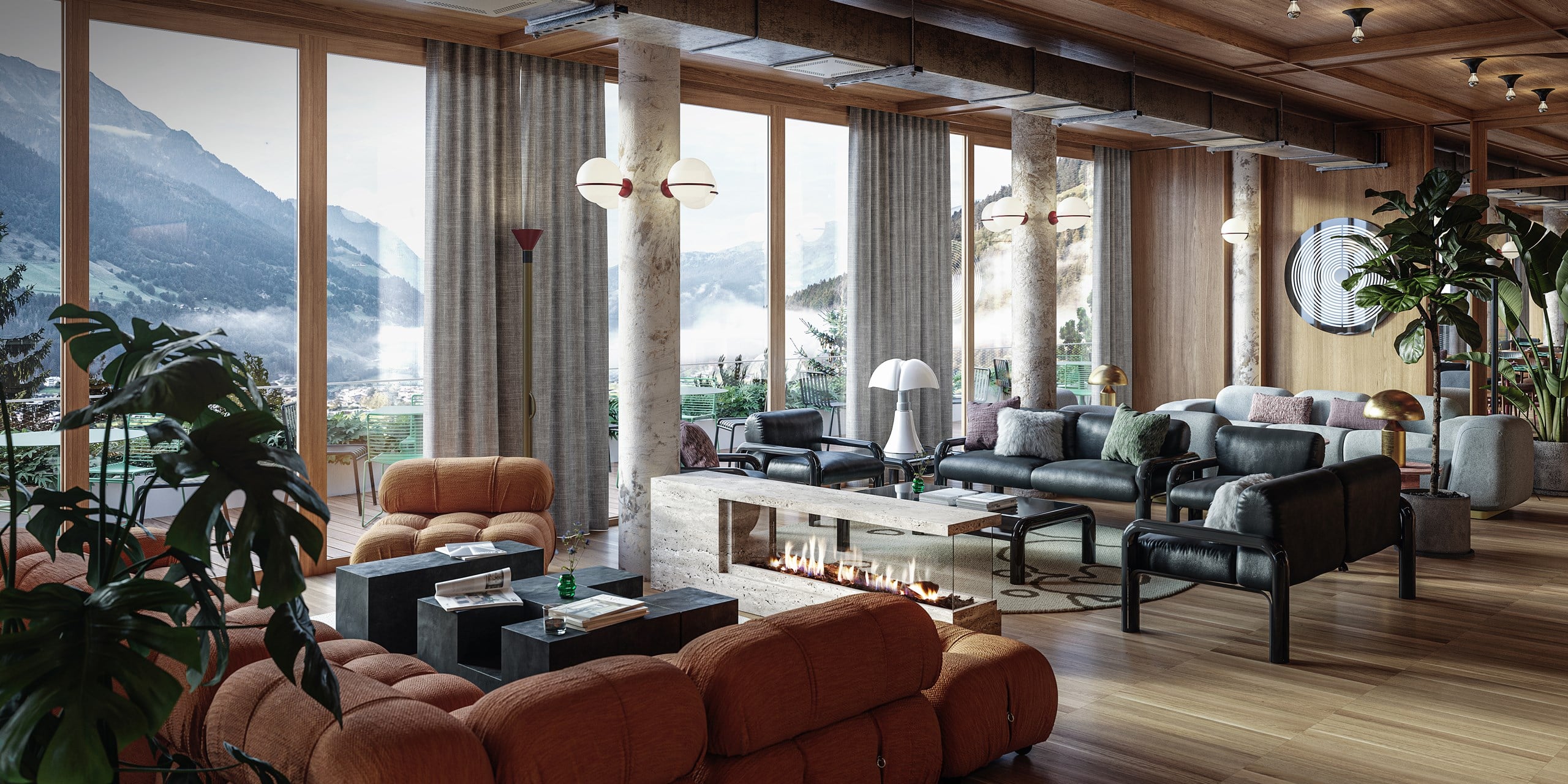 The Cōmodo, Europe — Mountainside hotel lounge with terracotta seating, linear fireplace, timber ceiling, floor-to-ceiling windows overlooking alpine valley, sculptural pendant lights, natural materials.
