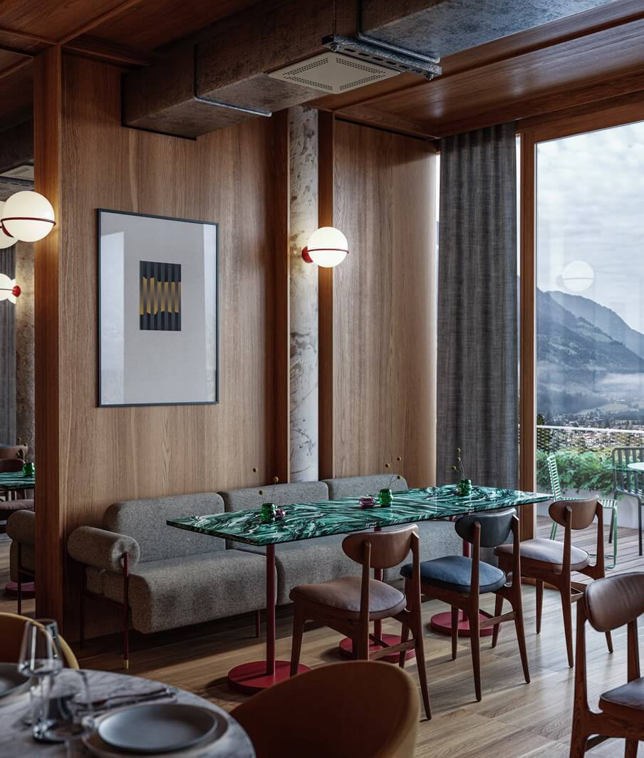 The Cōmodo — Cōmodo, Europe — Mid-century dining room with walnut paneling, marble accents, globe pendant lights, mountain views through floor-to-ceiling windows, and modern botanical table setting.