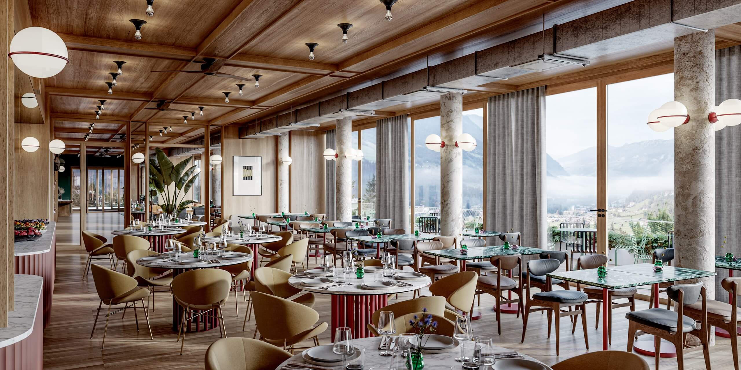 The Cōmodo, Europe — Modern dining room with wood ceiling, concrete columns, cream chairs, panoramic mountain valley views, pendant lighting, and floor-to-ceiling curtains.