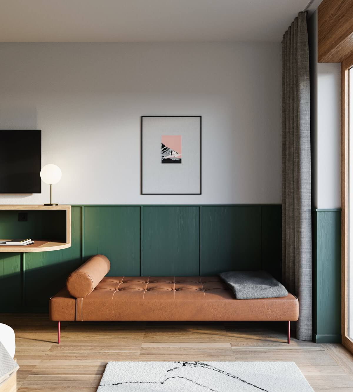 The Cōmodo — Cōmodo, Europe — Modern hotel bedroom with cognac leather daybed, forest green paneling, light wood flooring, and minimalist wall art under natural light.