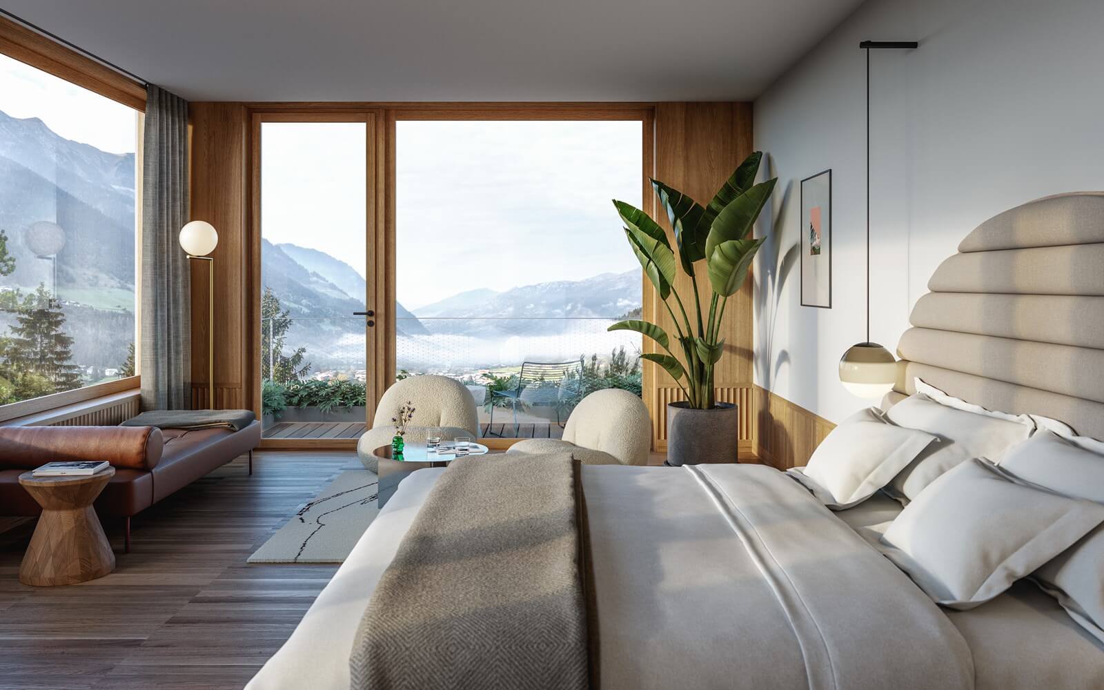 The Cōmodo — Cōmodo, Europe — Modern luxury bedroom with panoramic alpine lake views, sculptural cream chairs, wooden accents, and minimalist design with natural daylight.
