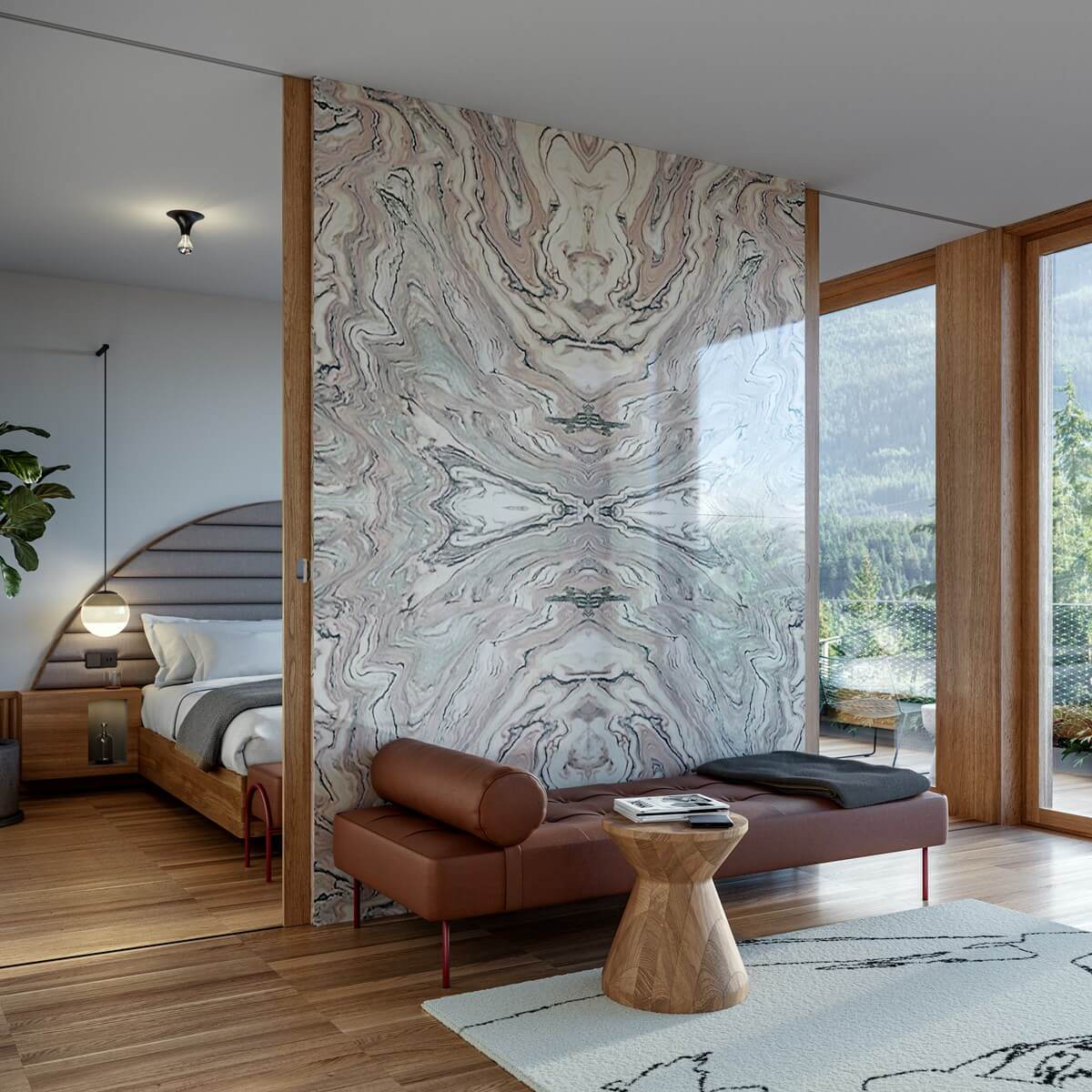 The Cōmodo — Cōmodo, Europe — Modern luxury bedroom with marble feature wall, cognac leather chaise, wooden canopy bed, floor-to-ceiling windows overlooking forest landscape.