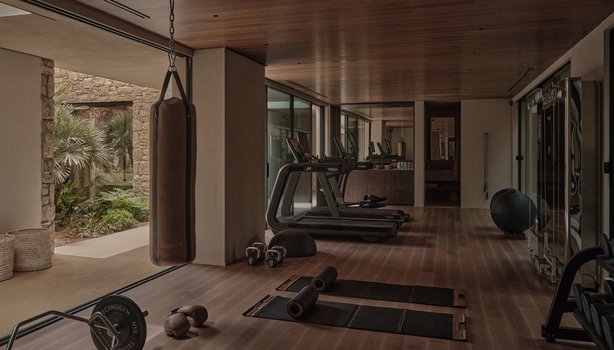 En Kyanó, Europe — Minimalist home gym with treadmills, wooden ceiling, stone wall, natural light, contemporary fitness equipment, and courtyard views.