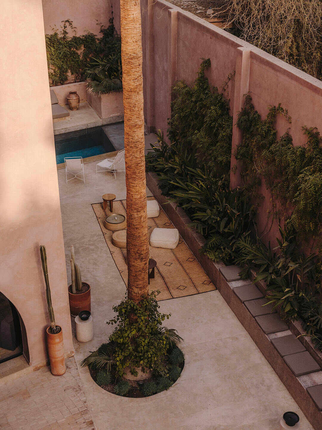 Maison Brummell Majorelle, Africa — Narrow courtyard with terracotta walls, palm trunk, potted cacti, and ivy-covered raised beds leading to pool area.