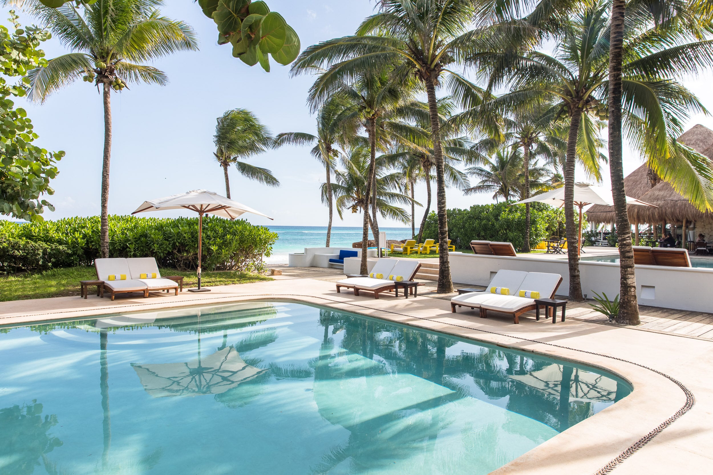 Hotel Esencia, Mexico — Beachfront pool with sun loungers, palm trees, and ocean views at luxury coastal resort.