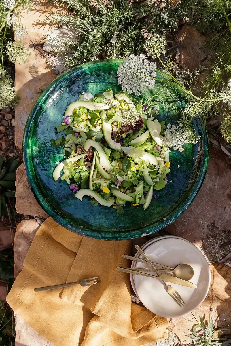 Sterrekopje, Africa — Farm-to-table garden salad in blue ceramic bowl with edible flowers, organic greens, and sliced pear, styled on terracotta with white dinnerware and natural daylight.