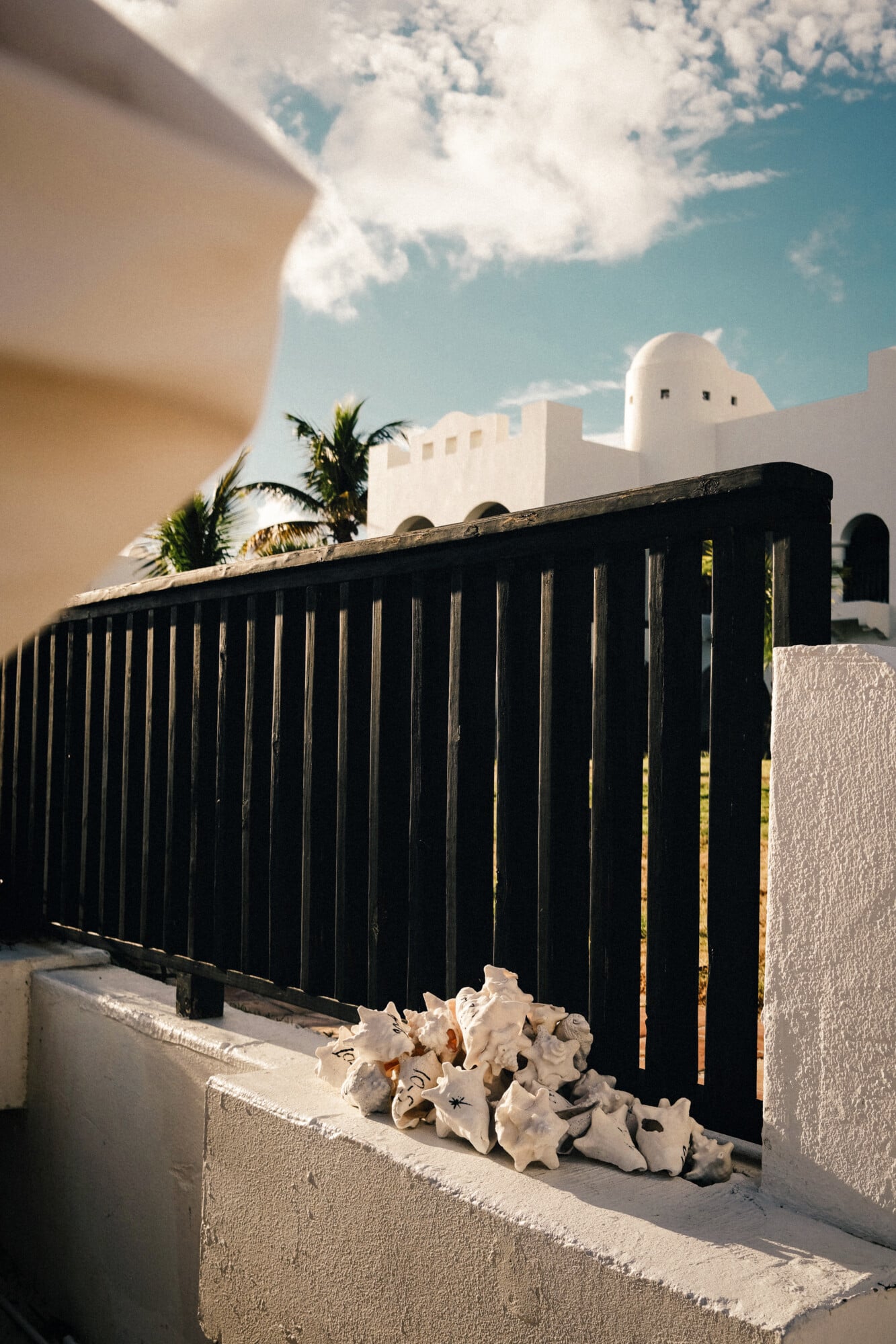 Cap Juluca, North America — Black wooden gate with white-washed Mediterranean architecture, palm fronds, and sculptural shells under blue sky.