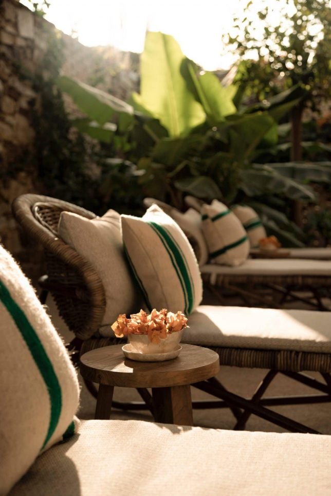 The Rooster, Europe — Cream lounge chairs with green stripe trim beside wooden side table with coral sculptural object, lush green plants and warm golden light in background.
