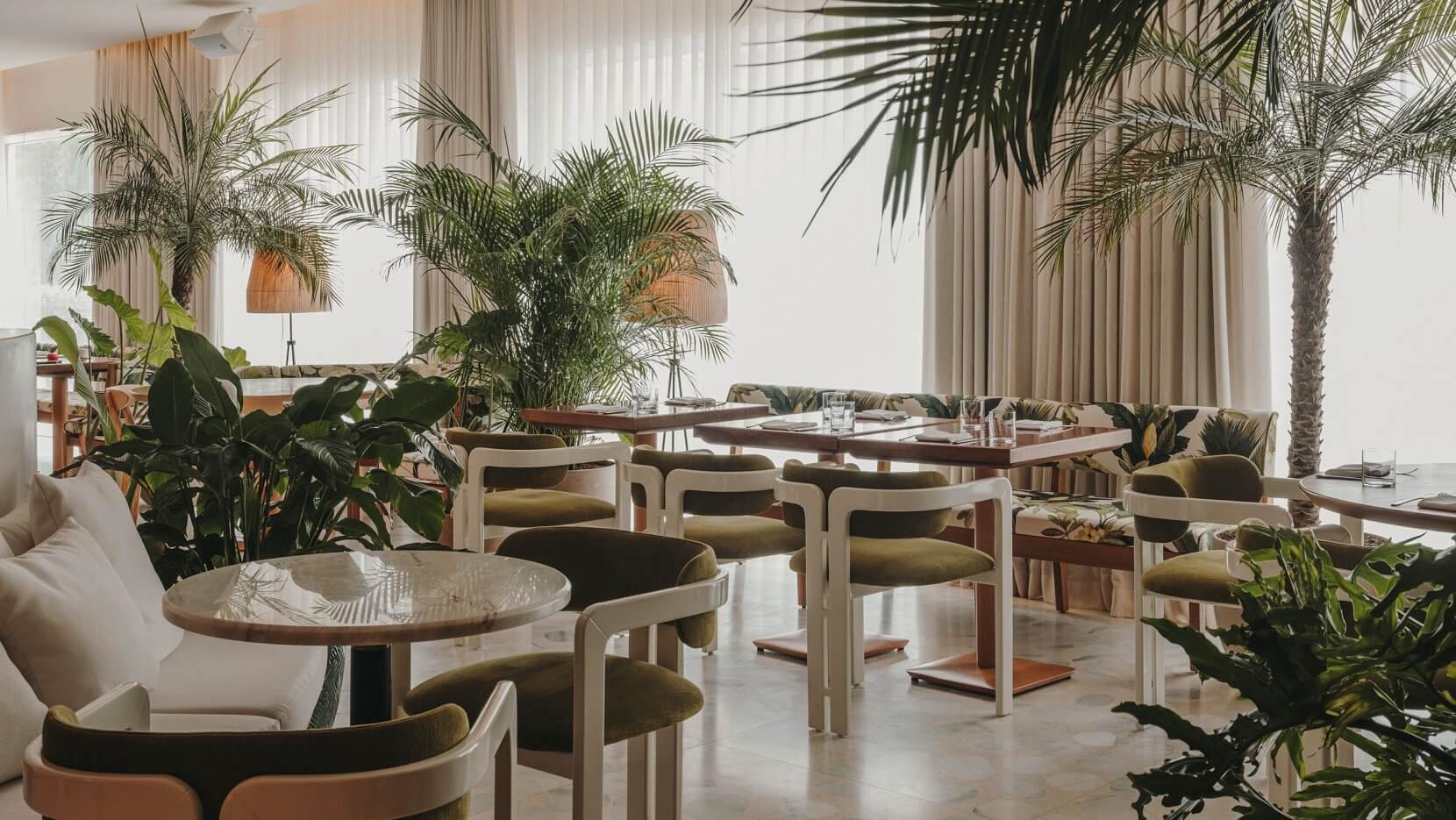 The Standard Ibiza, Balearic Islands, Spain — Palm-filled dining lounge with cream curved chairs, wooden tables, and floor-to-ceiling curtains overlooking Mediterranean light.