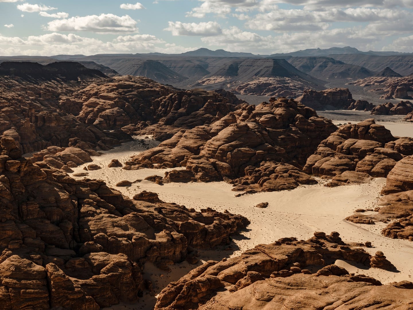 Habitas AlUla, Saudi Arabia — Sculpted sandstone formations and desert valleys beneath cloud-filled sky, showcasing dramatic landscape and geological terrain.